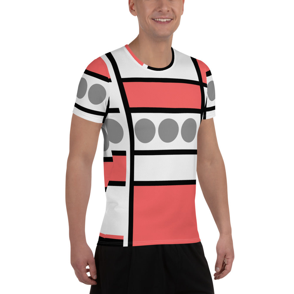 Men's Stretch Fit Athletic Sports T-shirt in Pale Red Print, showcasing its flexible fit and moisture-wicking fabric, ideal for workouts.