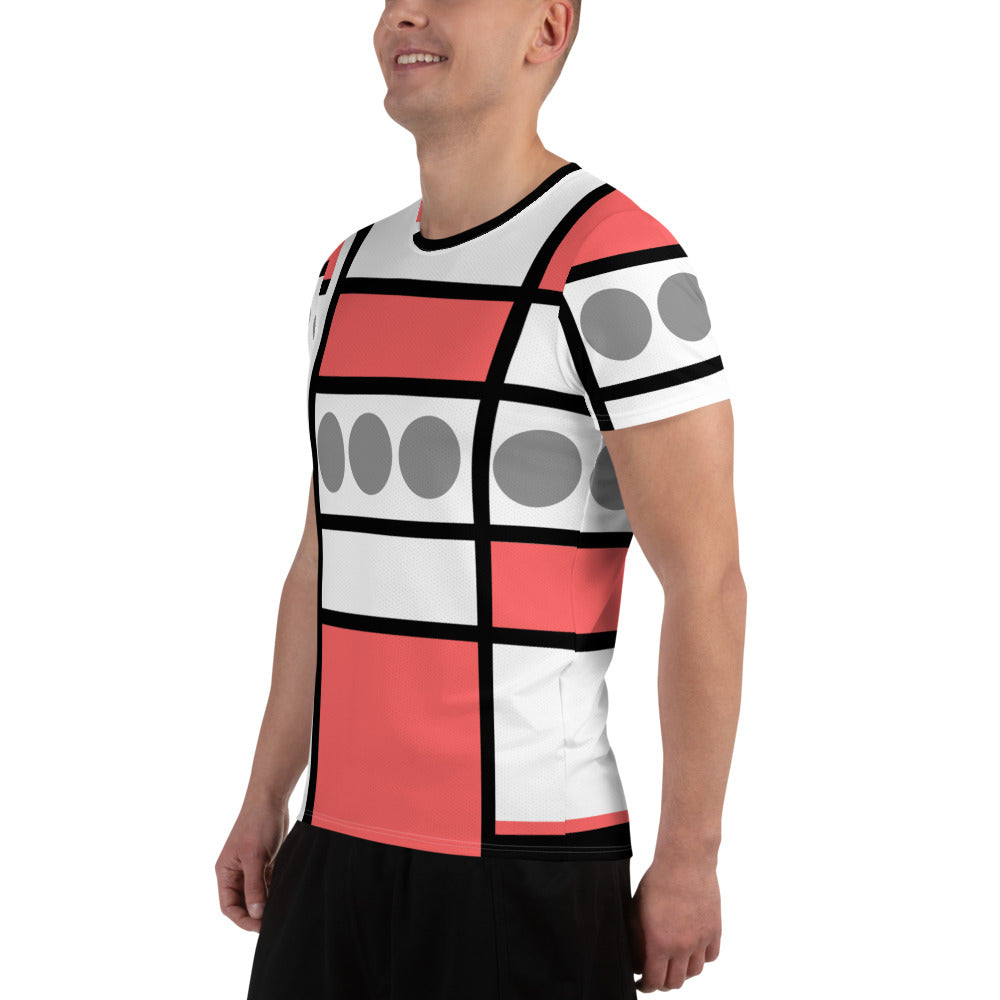 Men's Stretch Fit Athletic Sports T-shirt in Pale Red Print, showcasing its flexible fit and moisture-wicking fabric, ideal for workouts.