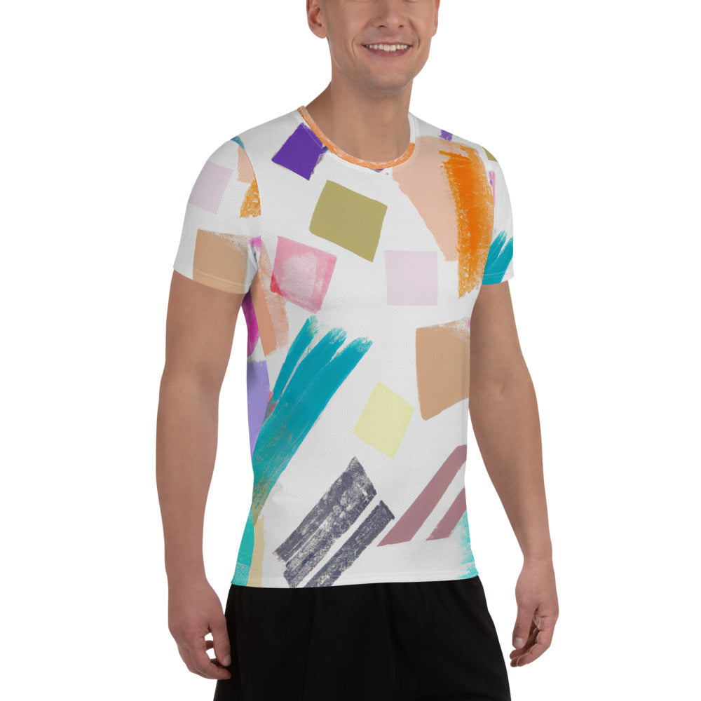 Men's Stretch Fit Athletic Sports T-shirt in pastel pattern, showcasing its soft fabric and athletic design.