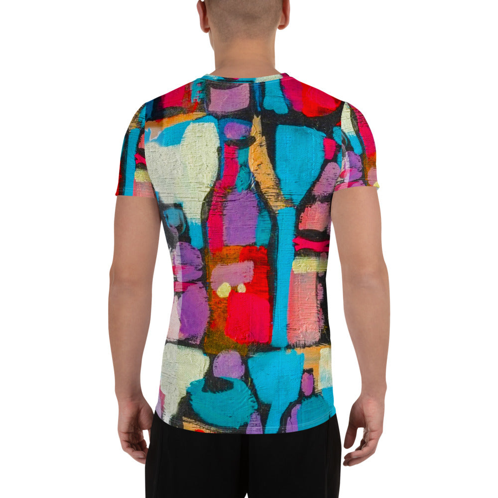 Men's Stretch Fit Athletic Sports T-shirt in Sutileza Red Multicolor, showcasing a smooth colorful abstract print and a comfortable fit.
