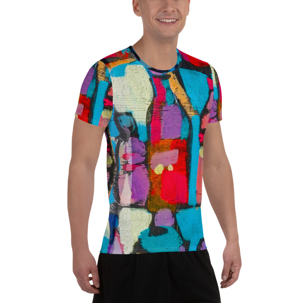 Men's Stretch Fit Athletic Sports T-shirt in Sutileza Red Multicolor, showcasing a smooth colorful abstract print and a comfortable fit.