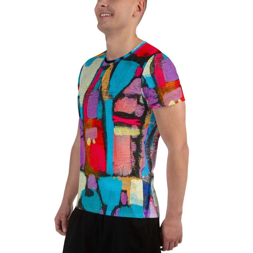 Men's Stretch Fit Athletic Sports T-shirt in Sutileza Red Multicolor, showcasing a smooth colorful abstract print and a comfortable fit.