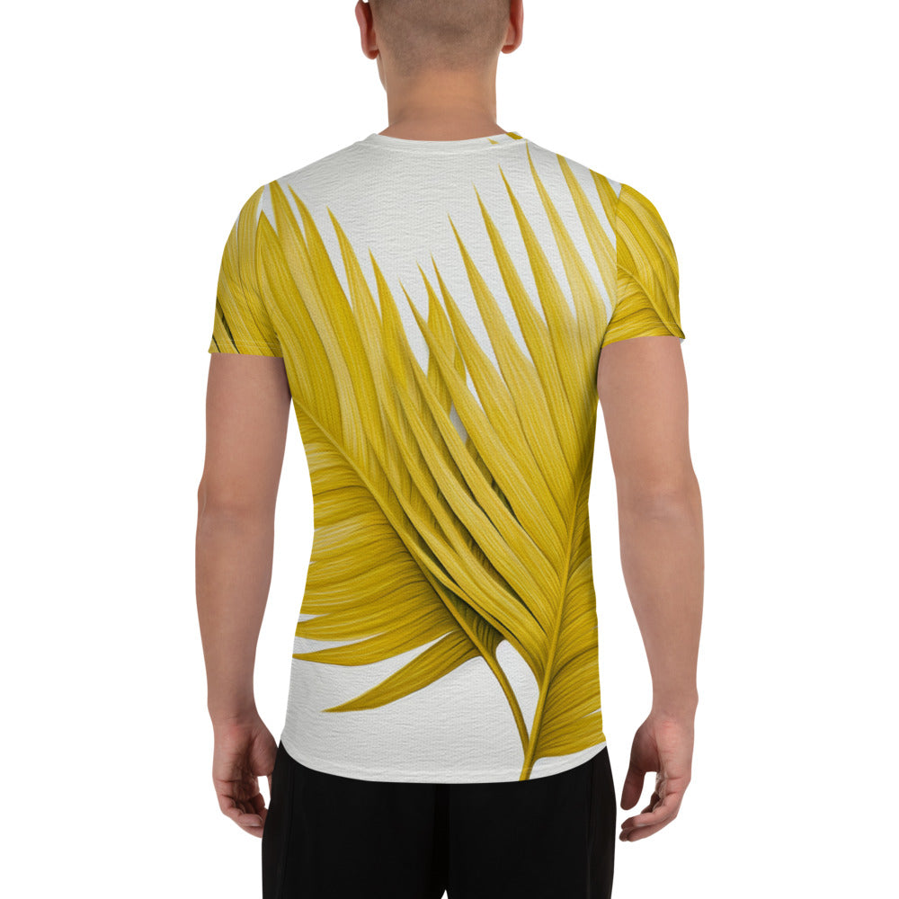 Men's Stretch Fit Athletic Sports T-shirt in yellow with palm leaves design, showcasing its soft fabric and athletic fit.