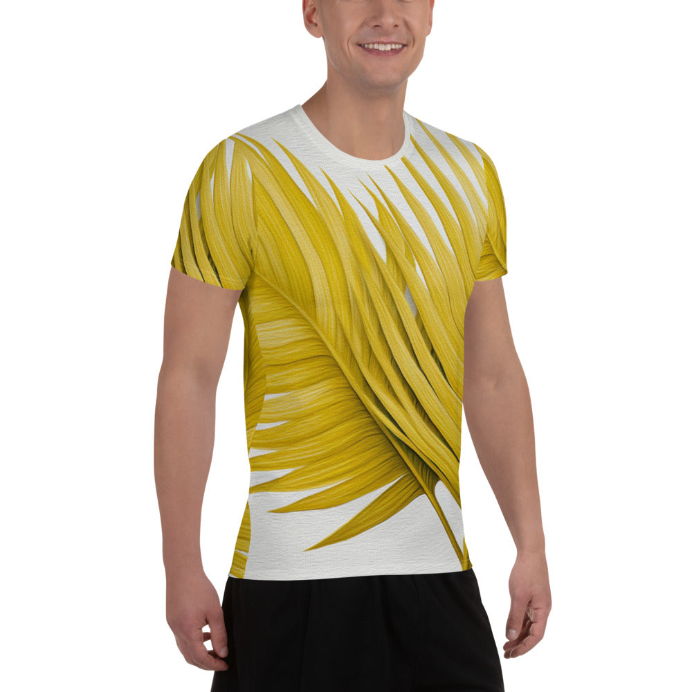 Men's Stretch Fit Athletic Sports T-shirt in yellow with palm leaves design, showcasing its soft fabric and athletic fit.