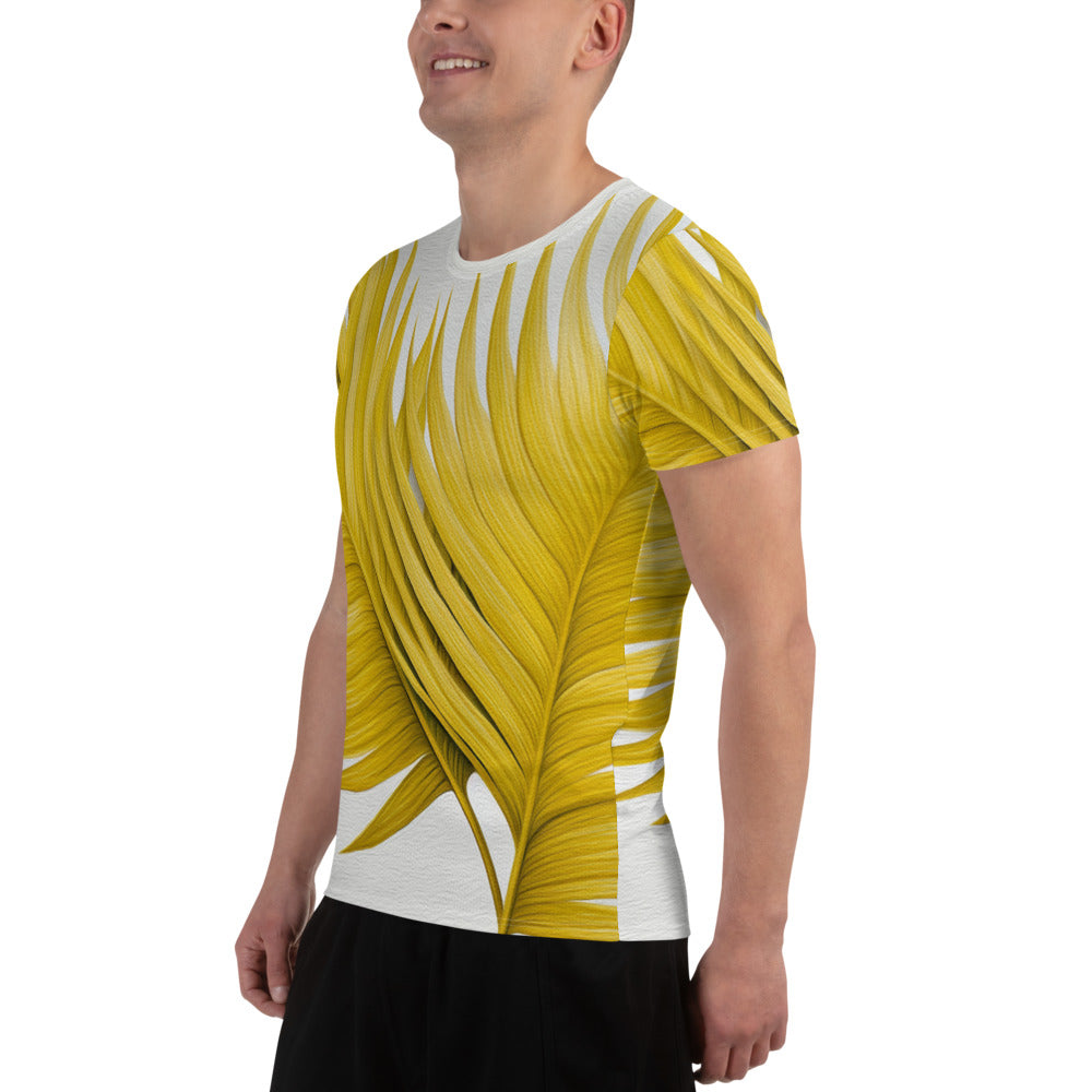 Men's Stretch Fit Athletic Sports T-shirt in yellow with palm leaves design, showcasing its soft fabric and athletic fit.