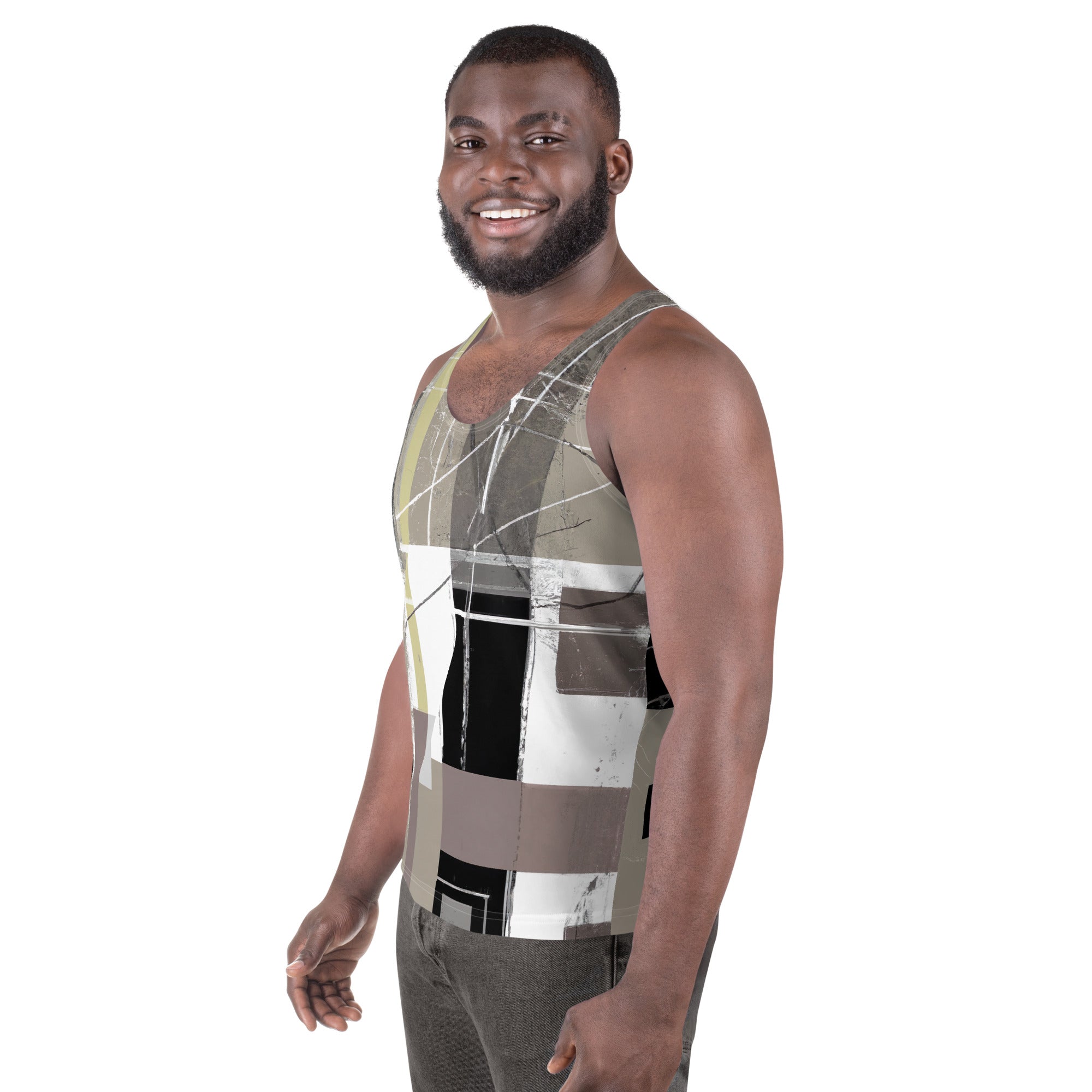 Men's Stretch Fit Tank Top in abstract brown geometric shapes, showcasing a sleeveless design and comfortable fit.