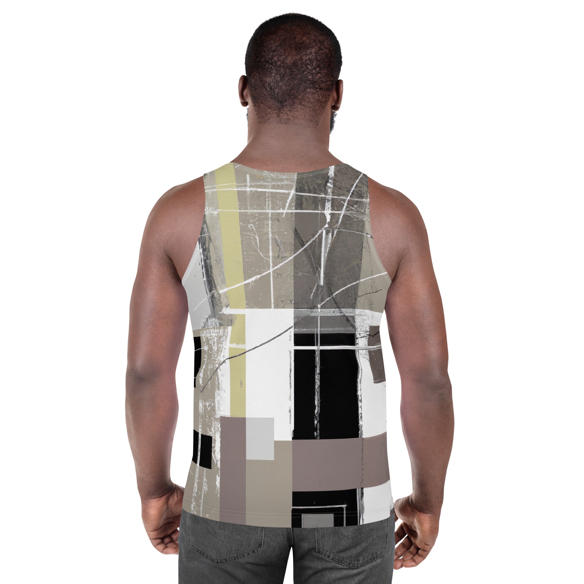 Men's Stretch Fit Tank Top in abstract brown geometric shapes, showcasing a sleeveless design and comfortable fit.