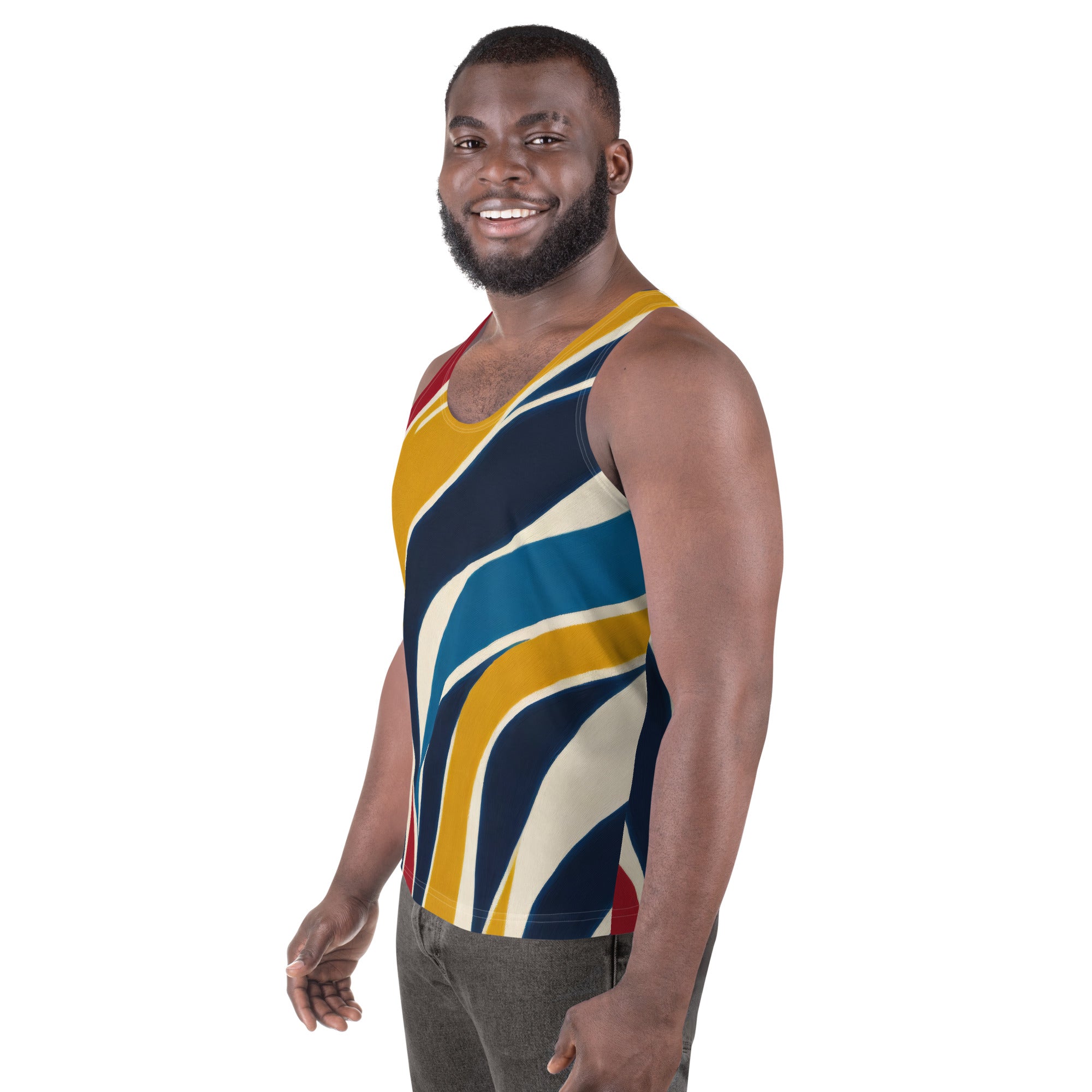 Mens Stretch Fit Tank Top featuring an Abstract Multicolor Swirl Line Pattern, showcasing vibrant colors and a comfortable design.