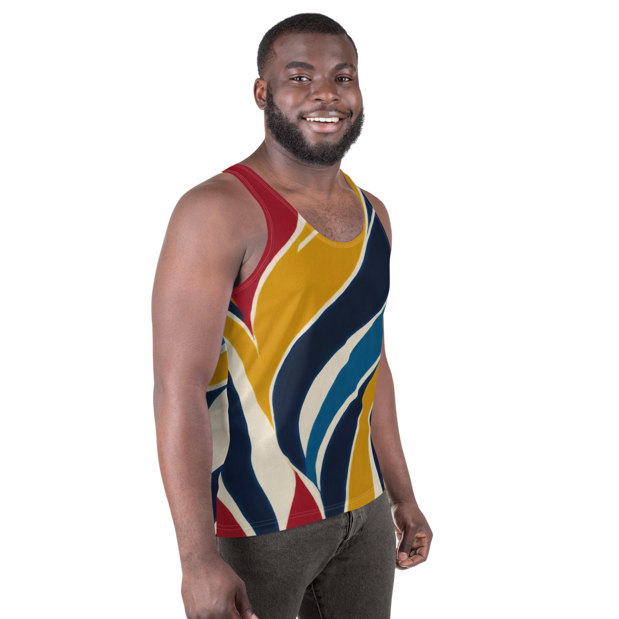 Mens Stretch Fit Tank Top featuring an Abstract Multicolor Swirl Line Pattern, showcasing vibrant colors and a comfortable design.