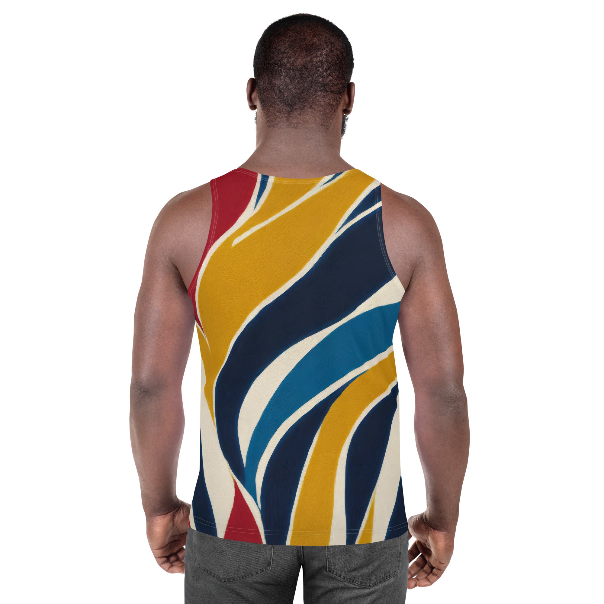 Mens Stretch Fit Tank Top featuring an Abstract Multicolor Swirl Line Pattern, showcasing vibrant colors and a comfortable design.