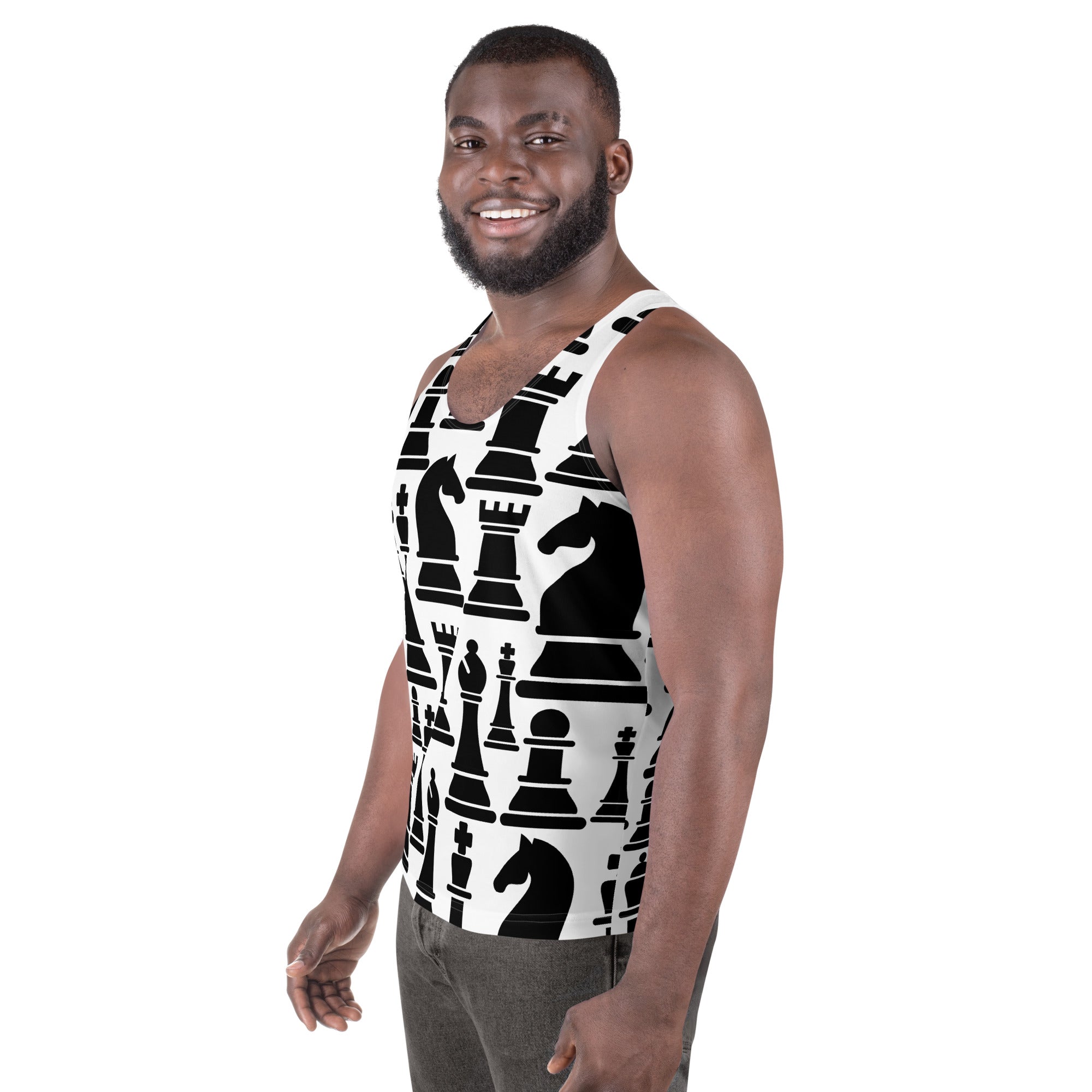 Mens Stretch Fit Tank Top featuring a black and white chess print, showcasing a sleeveless design and classic crew neckline.