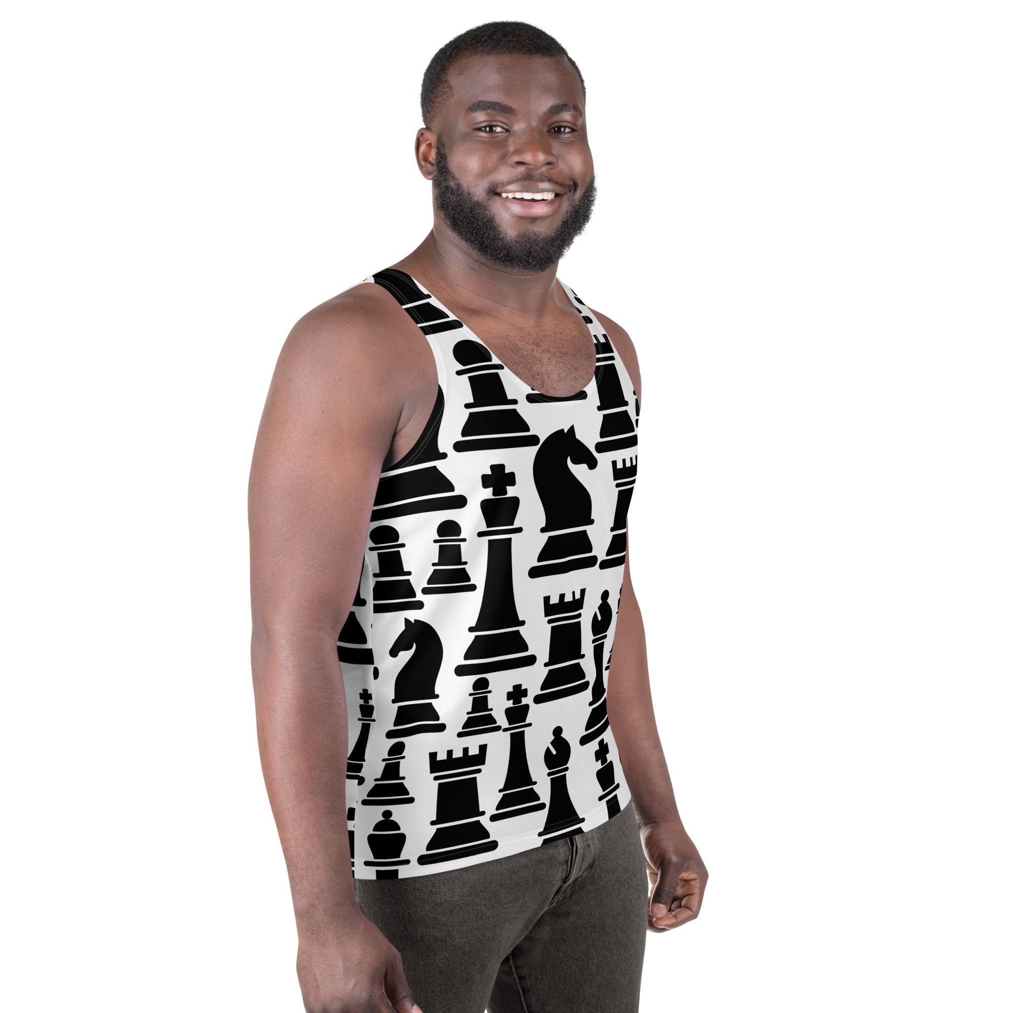 Mens Stretch Fit Tank Top featuring a black and white chess print, showcasing a sleeveless design and classic crew neckline.