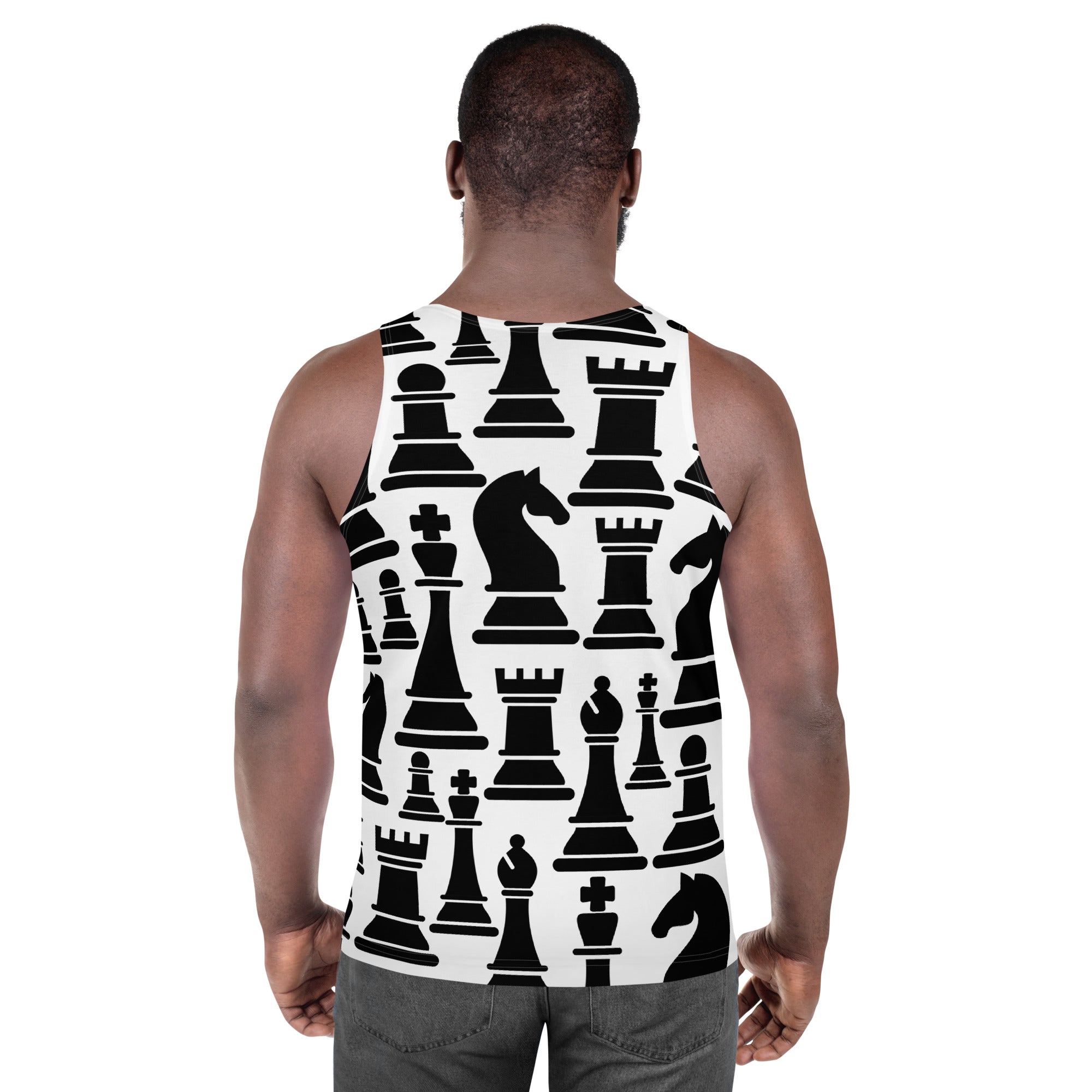 Mens Stretch Fit Tank Top featuring a black and white chess print, showcasing a sleeveless design and classic crew neckline.