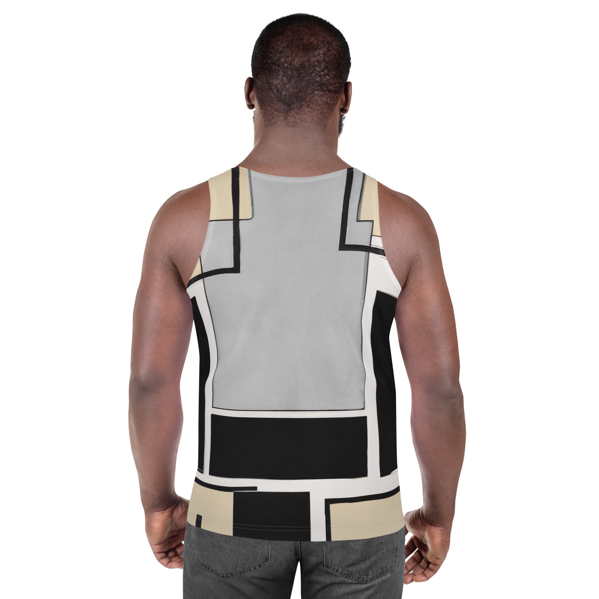 Men's Stretch Fit Tank Top in black grey abstract pattern, showcasing a sleeveless design and classic crew neckline.