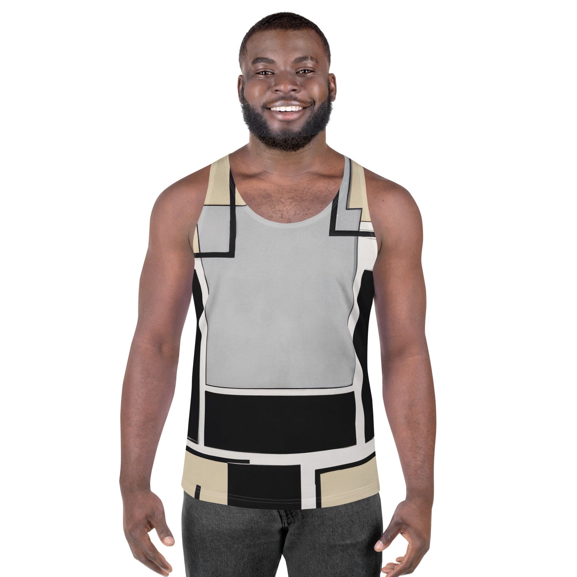 Men's Stretch Fit Tank Top in black grey abstract pattern, showcasing a sleeveless design and classic crew neckline.
