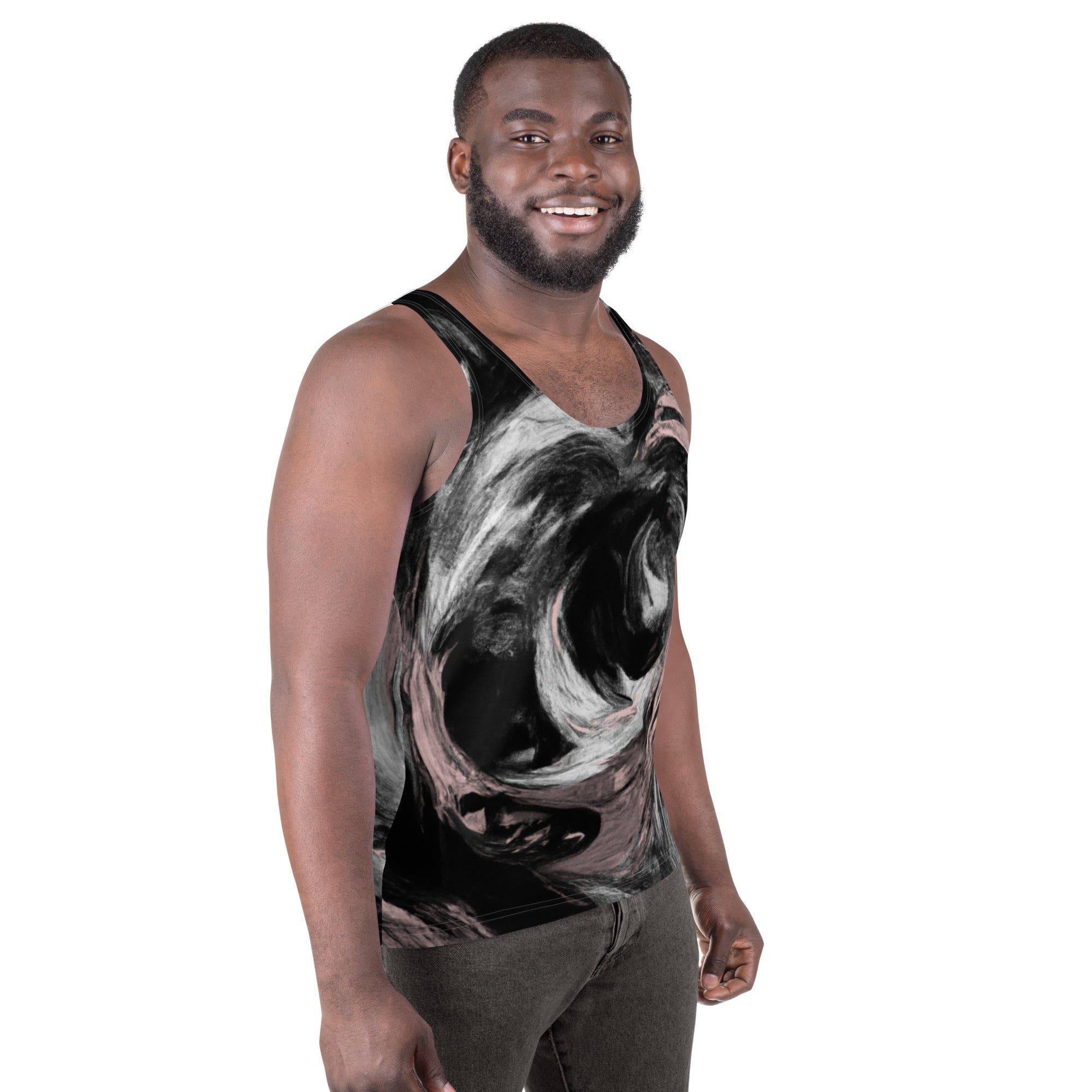 Men's Stretch Fit Tank Top featuring a black, pink, and white abstract pattern, designed for comfort and style.
