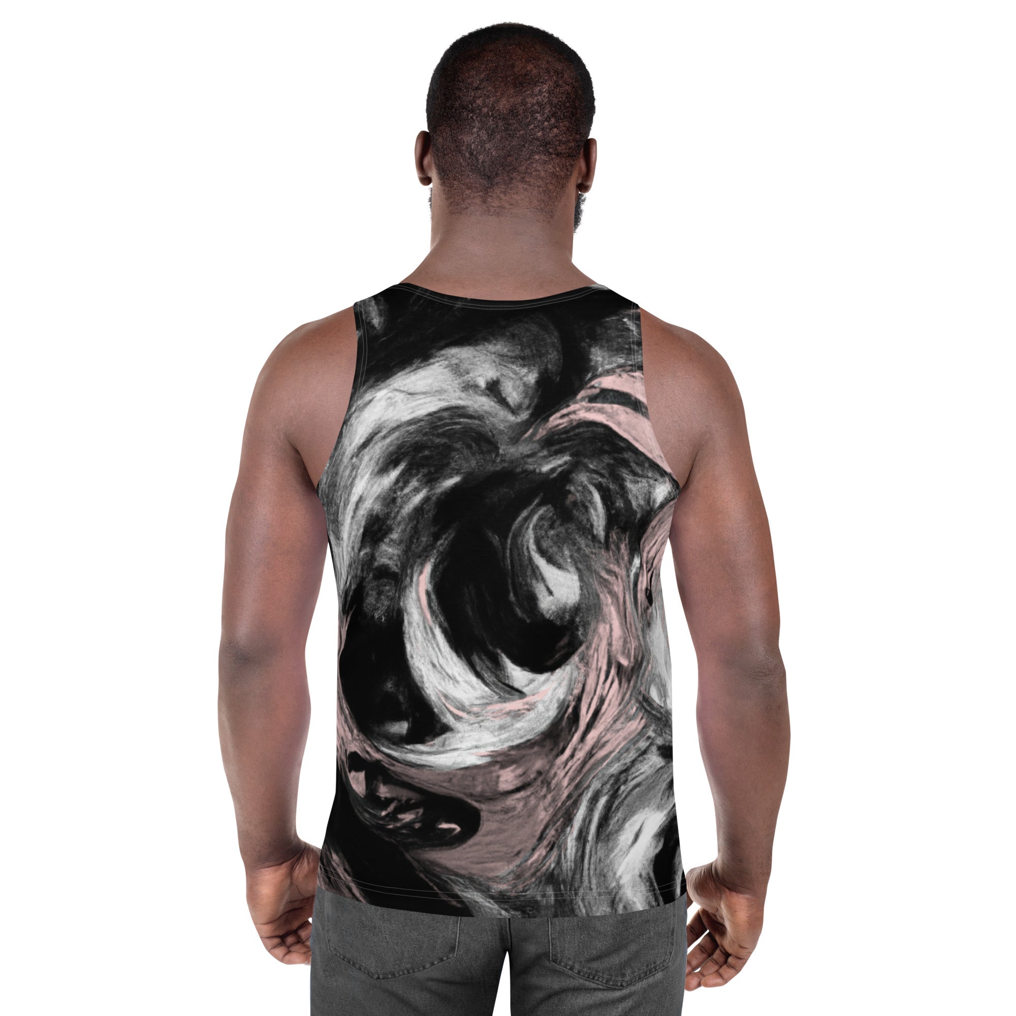 Men's Stretch Fit Tank Top featuring a black, pink, and white abstract pattern, designed for comfort and style.