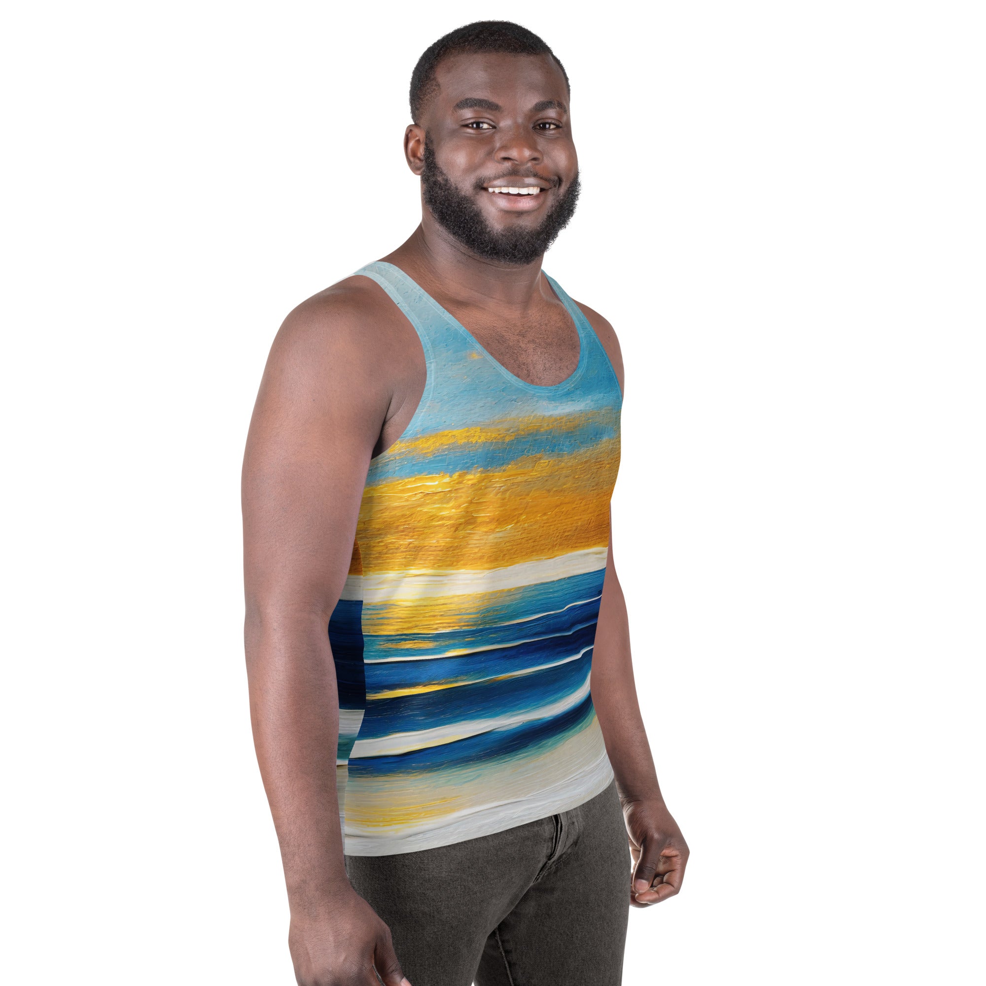 Mens Stretch Fit Tank Top featuring a Blue Ocean Golden Sunset Print, showcasing a sleeveless design and classic crew neckline.
