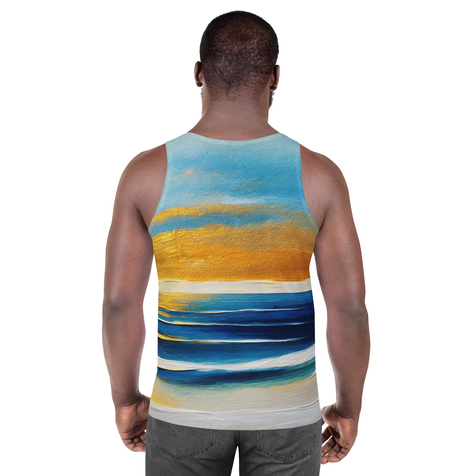 Mens Stretch Fit Tank Top featuring a Blue Ocean Golden Sunset Print, showcasing a sleeveless design and classic crew neckline.
