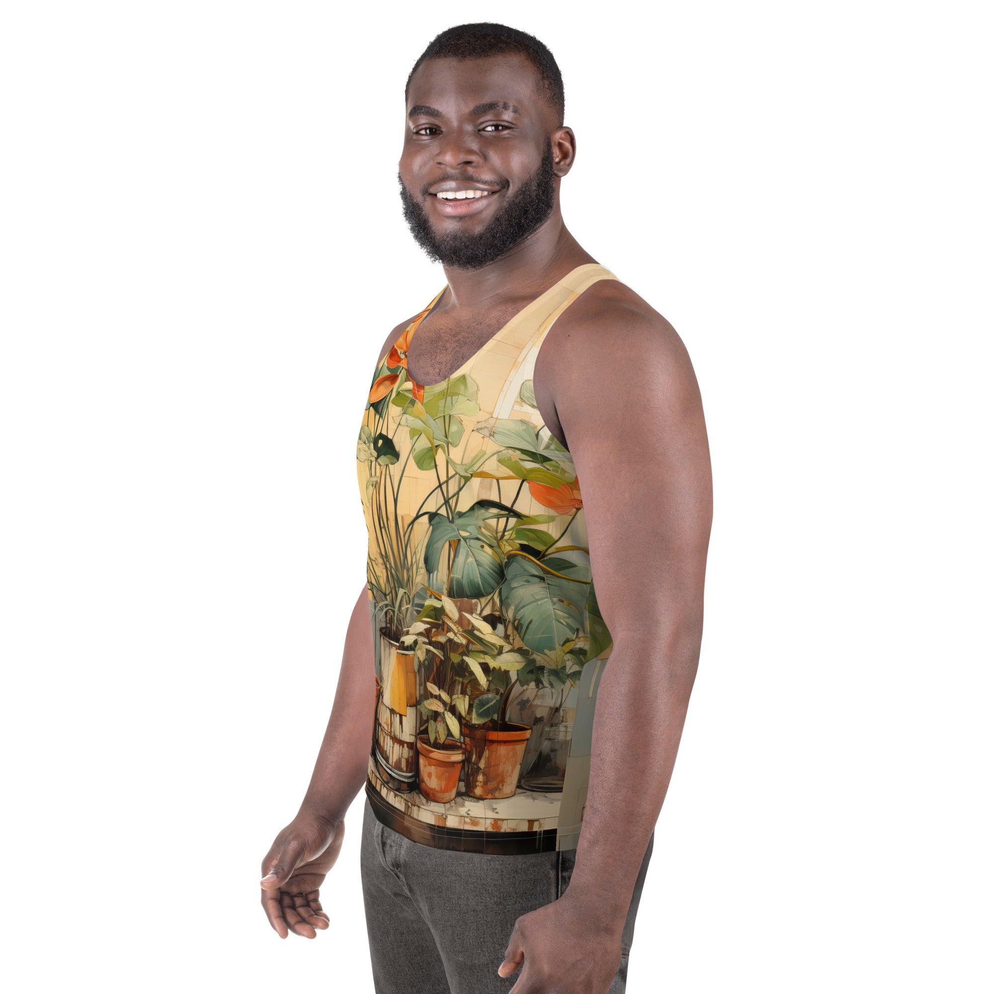 Mens Stretch Fit Tank Top with Earthy Rustic Potted Plants Print, showcasing a stylish design and comfortable fit.