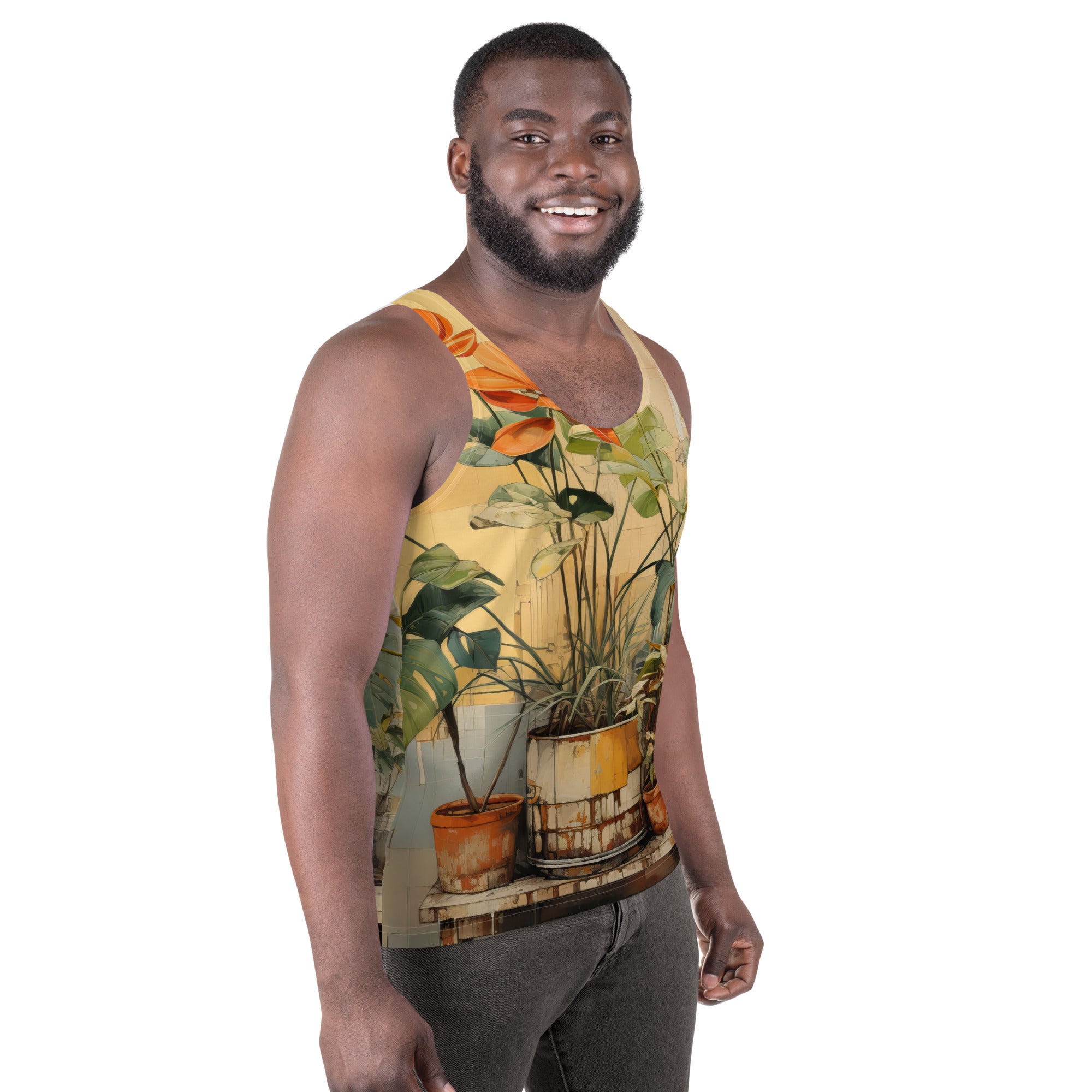 Mens Stretch Fit Tank Top with Earthy Rustic Potted Plants Print, showcasing a stylish design and comfortable fit.
