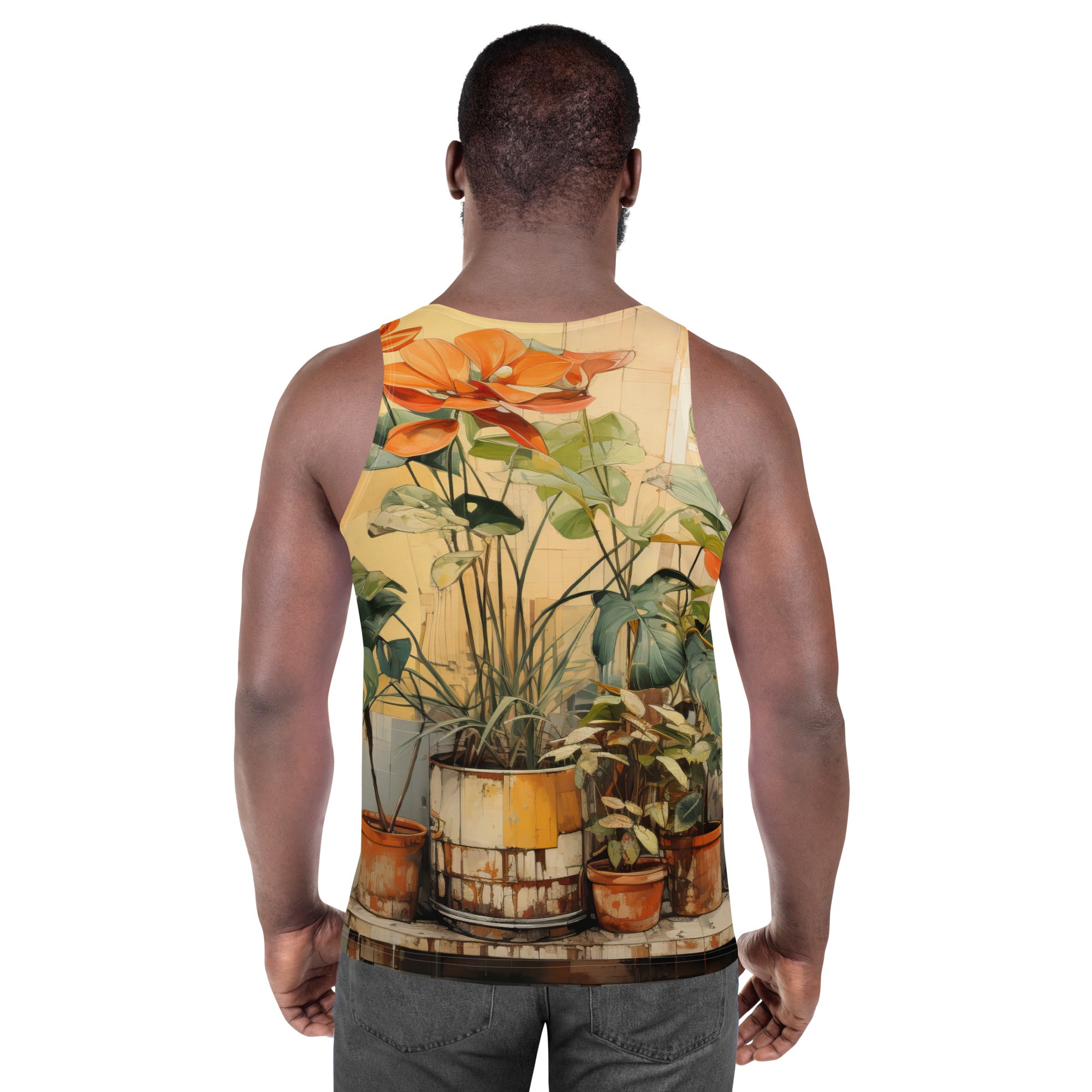 Mens Stretch Fit Tank Top with Earthy Rustic Potted Plants Print, showcasing a stylish design and comfortable fit.