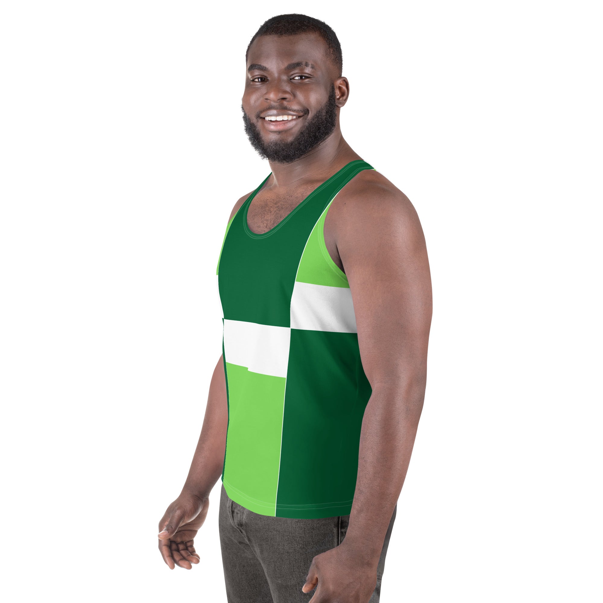 Mens Stretch Fit Tank Top in Green White Colorblock Grid Lines, showcasing a sleeveless design and breathable fabric.