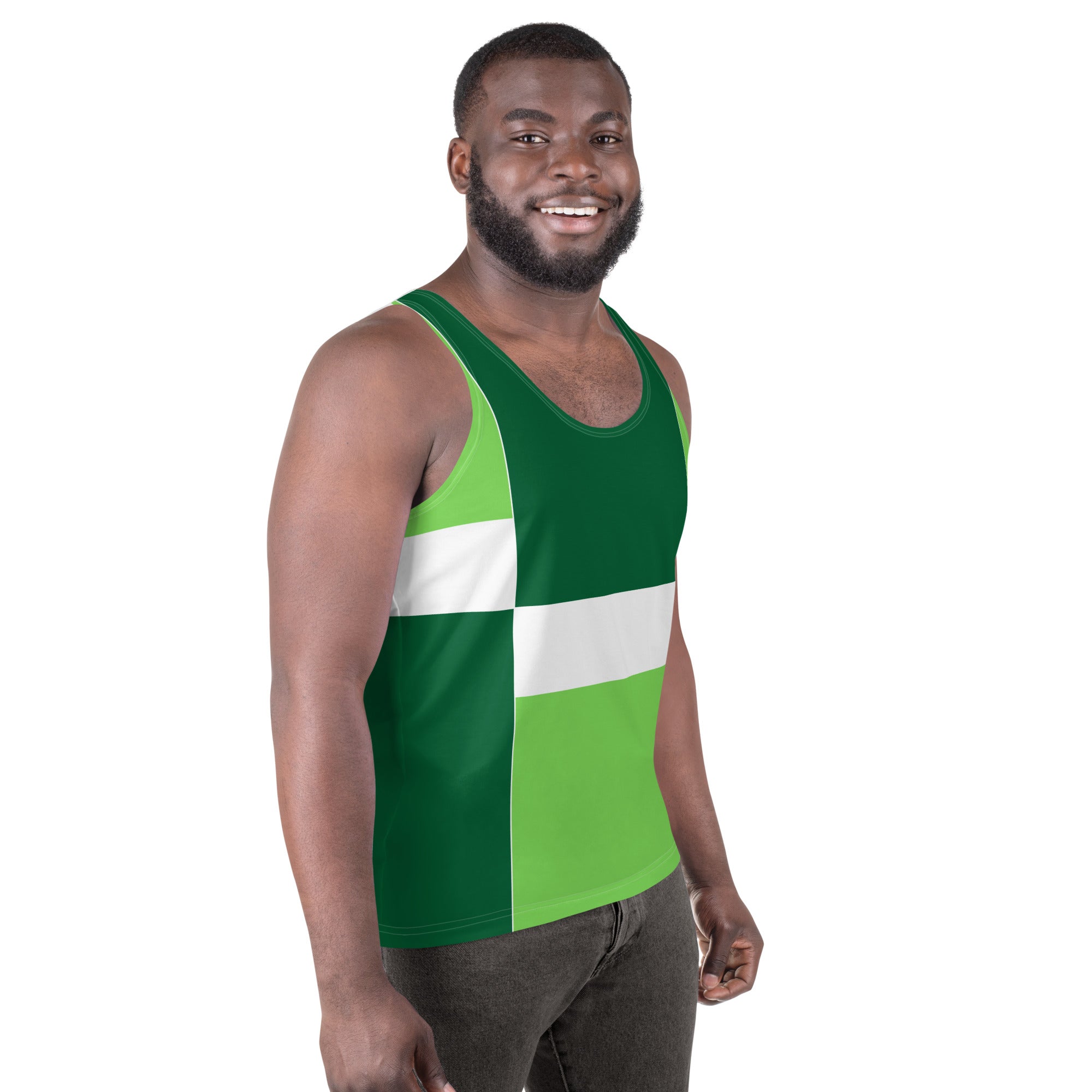 Mens Stretch Fit Tank Top in Green White Colorblock Grid Lines, showcasing a sleeveless design and breathable fabric.
