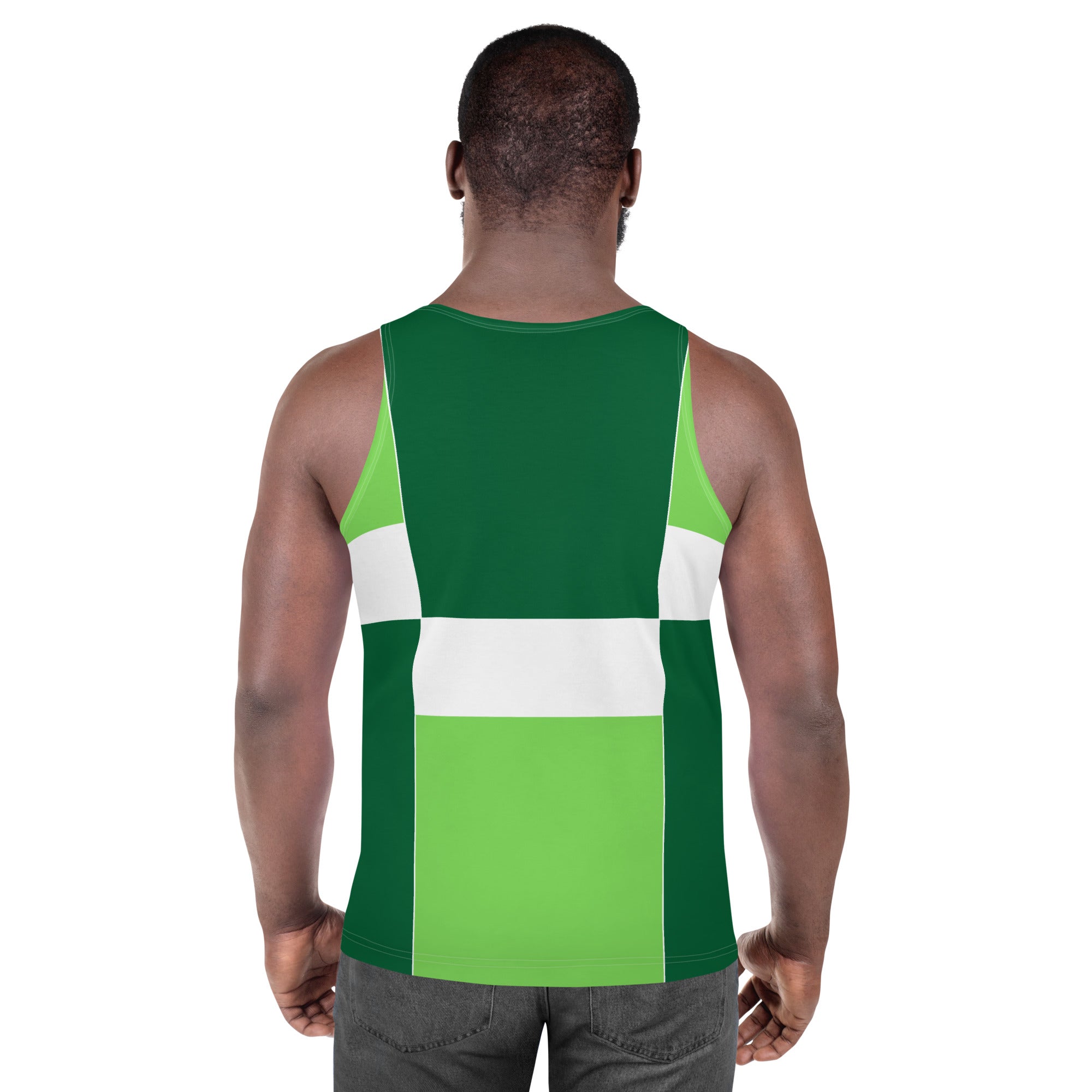 Mens Stretch Fit Tank Top in Green White Colorblock Grid Lines, showcasing a sleeveless design and breathable fabric.