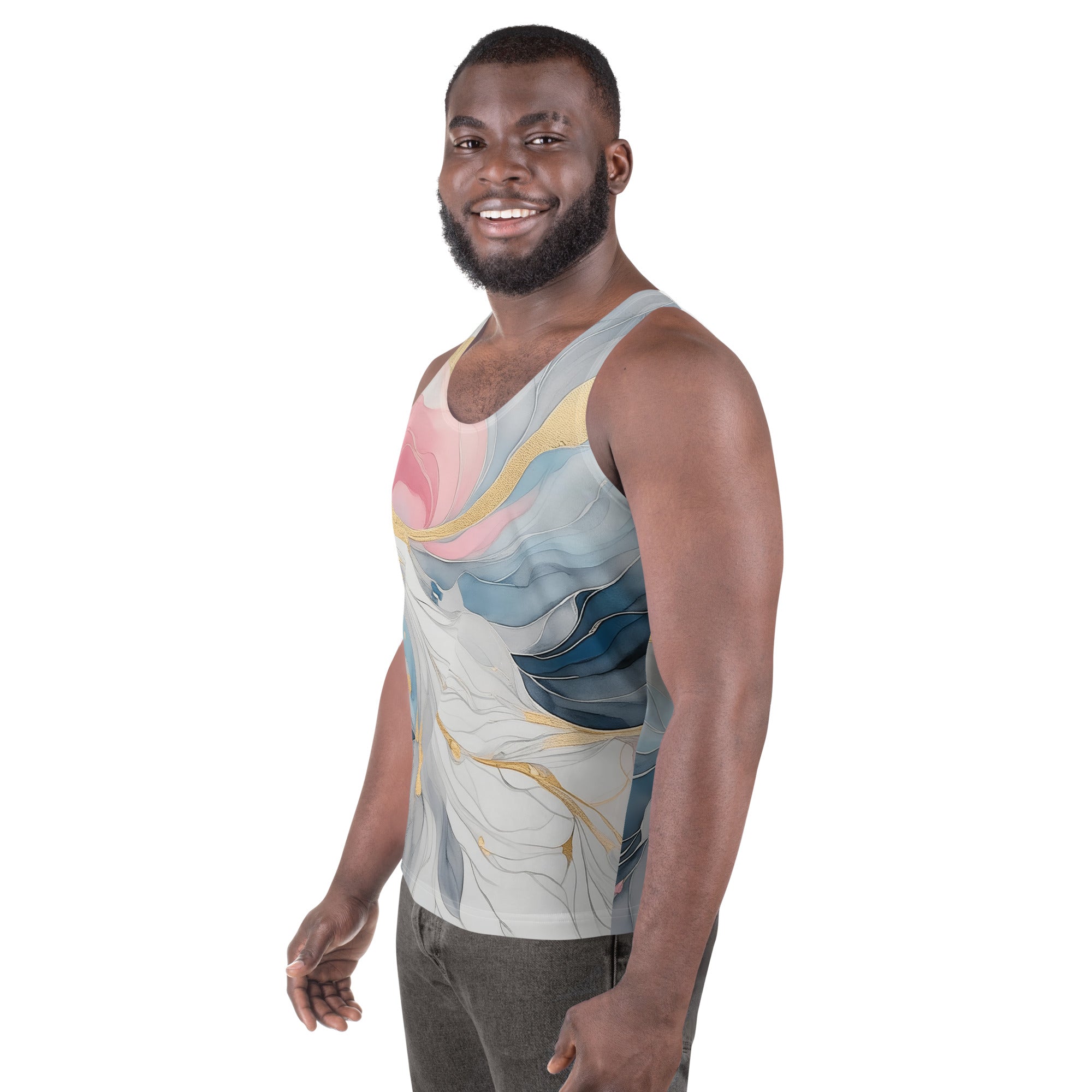 Mens Stretch Fit Tank Top in Marble Cloud of Grey Pink Blue, showcasing a stylish sleeveless design and breathable fabric.