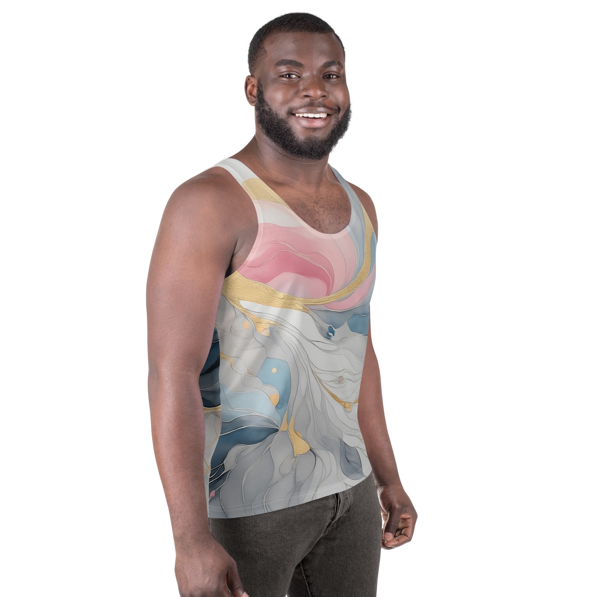 Mens Stretch Fit Tank Top in Marble Cloud of Grey Pink Blue, showcasing a stylish sleeveless design and breathable fabric.