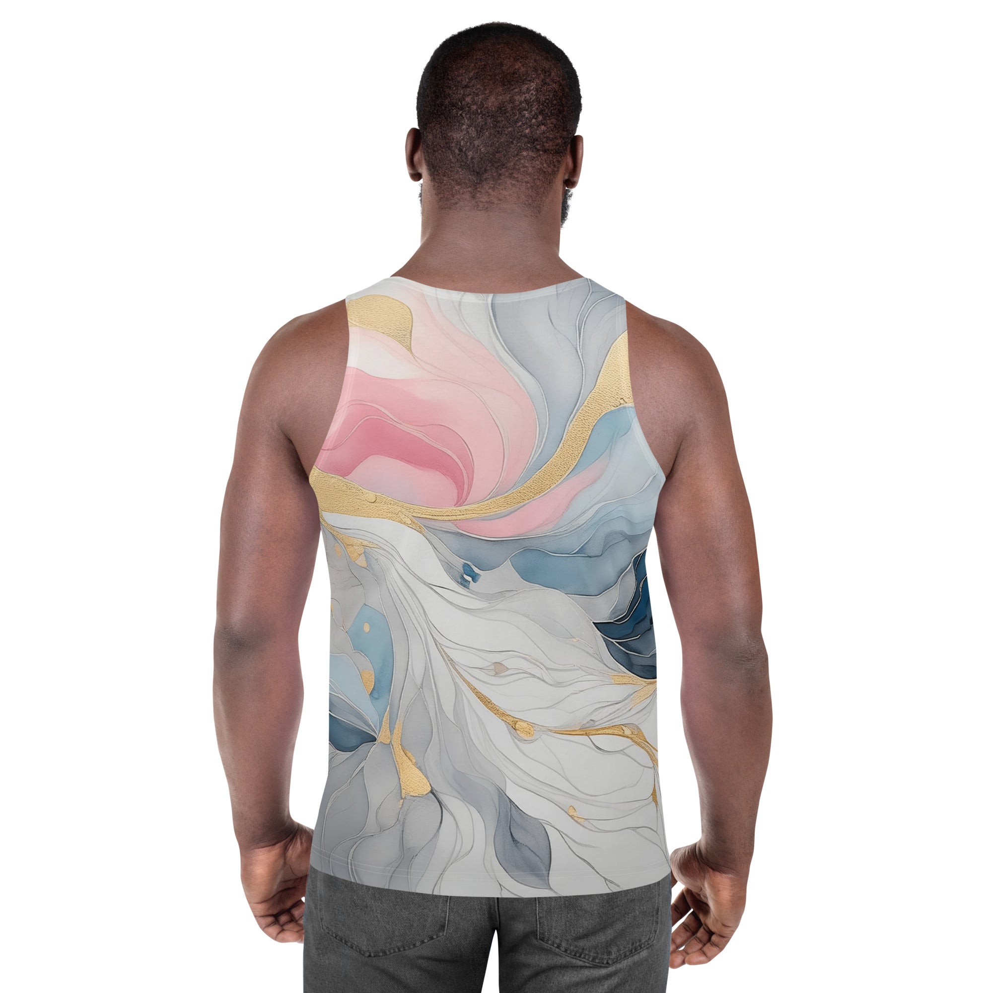 Mens Stretch Fit Tank Top in Marble Cloud of Grey Pink Blue, showcasing a stylish sleeveless design and breathable fabric.