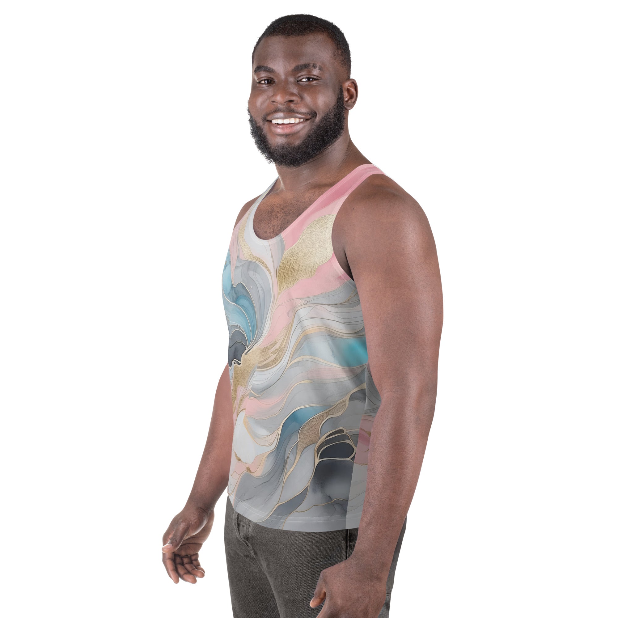 Mens Stretch Fit Tank Top in Marble Cloud of Grey Pink Blue, showcasing its lightweight and breathable fabric with a classic crew neckline.