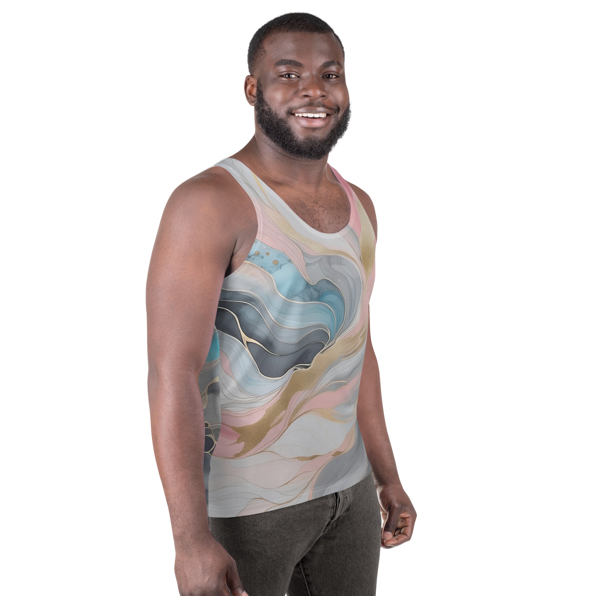 Mens Stretch Fit Tank Top in Marble Cloud of Grey Pink Blue, showcasing its lightweight and breathable fabric with a classic crew neckline.