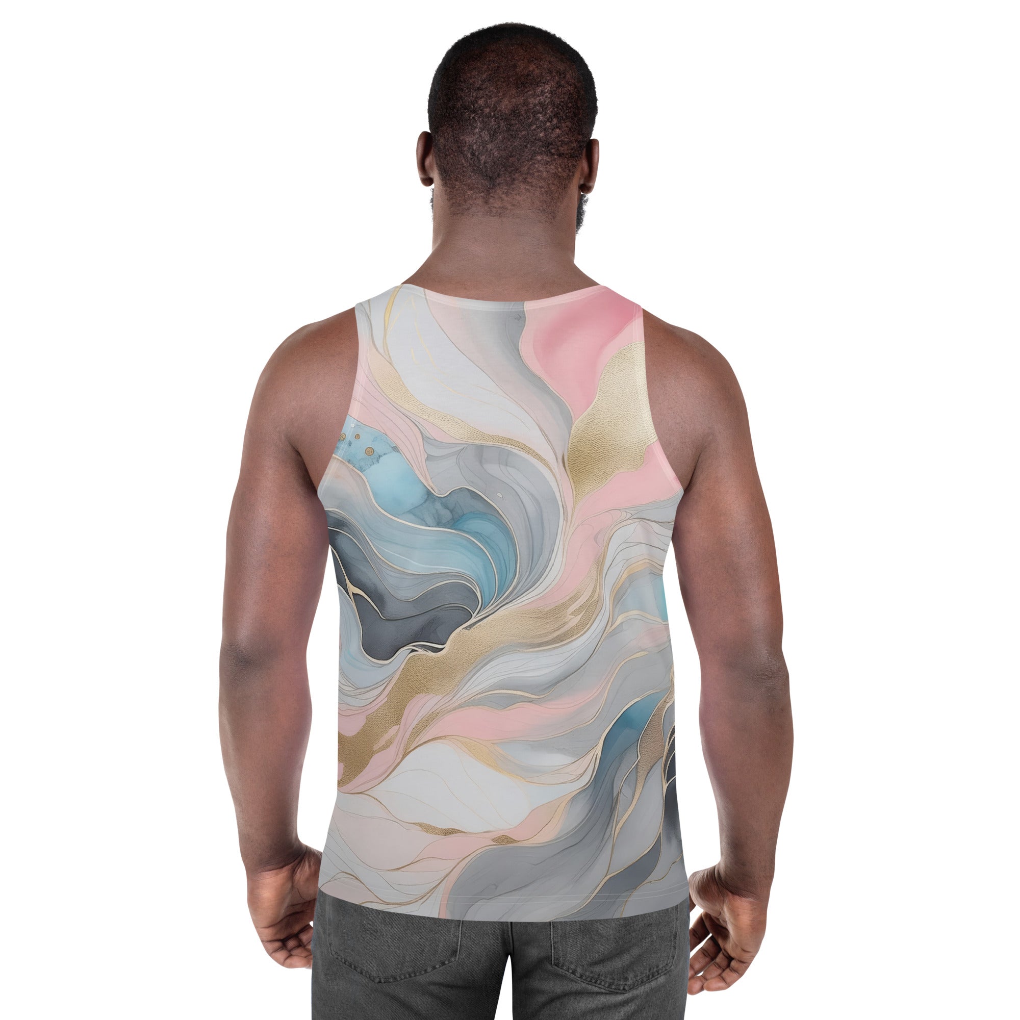 Mens Stretch Fit Tank Top in Marble Cloud of Grey Pink Blue, showcasing its lightweight and breathable fabric with a classic crew neckline.