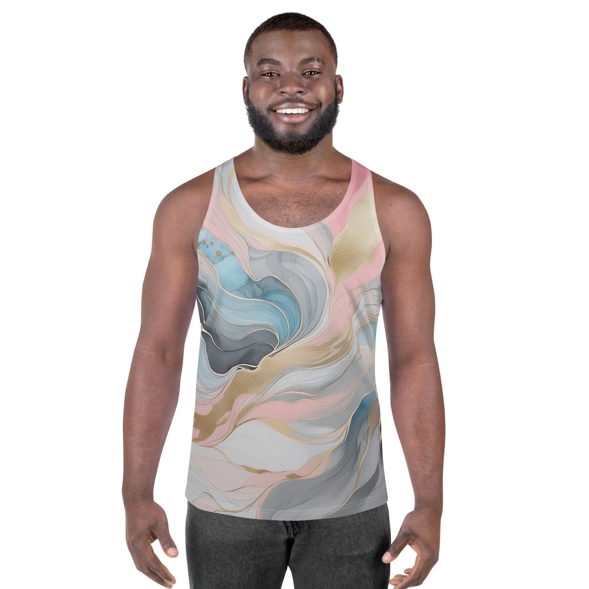 Mens Stretch Fit Tank Top in Marble Cloud of Grey Pink Blue, showcasing its lightweight and breathable fabric with a classic crew neckline.
