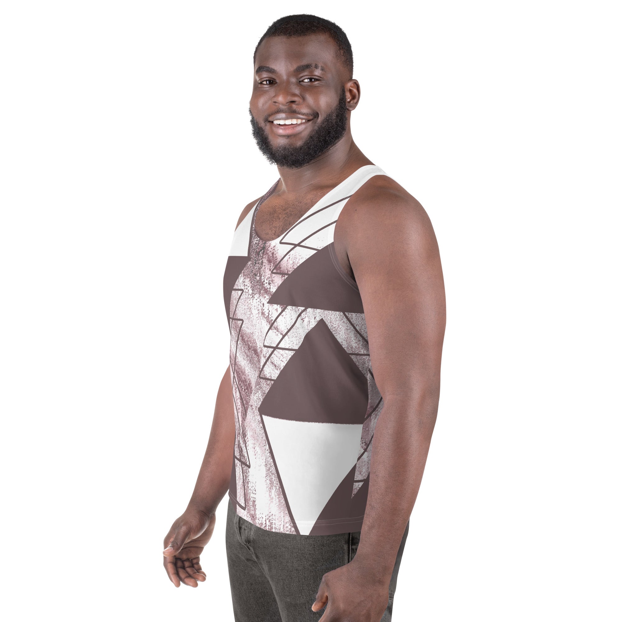 Mens Stretch Fit Tank Top in Mauve Rose and White Triangular Colorblock, showcasing a stylish sleeveless design and comfortable fit.