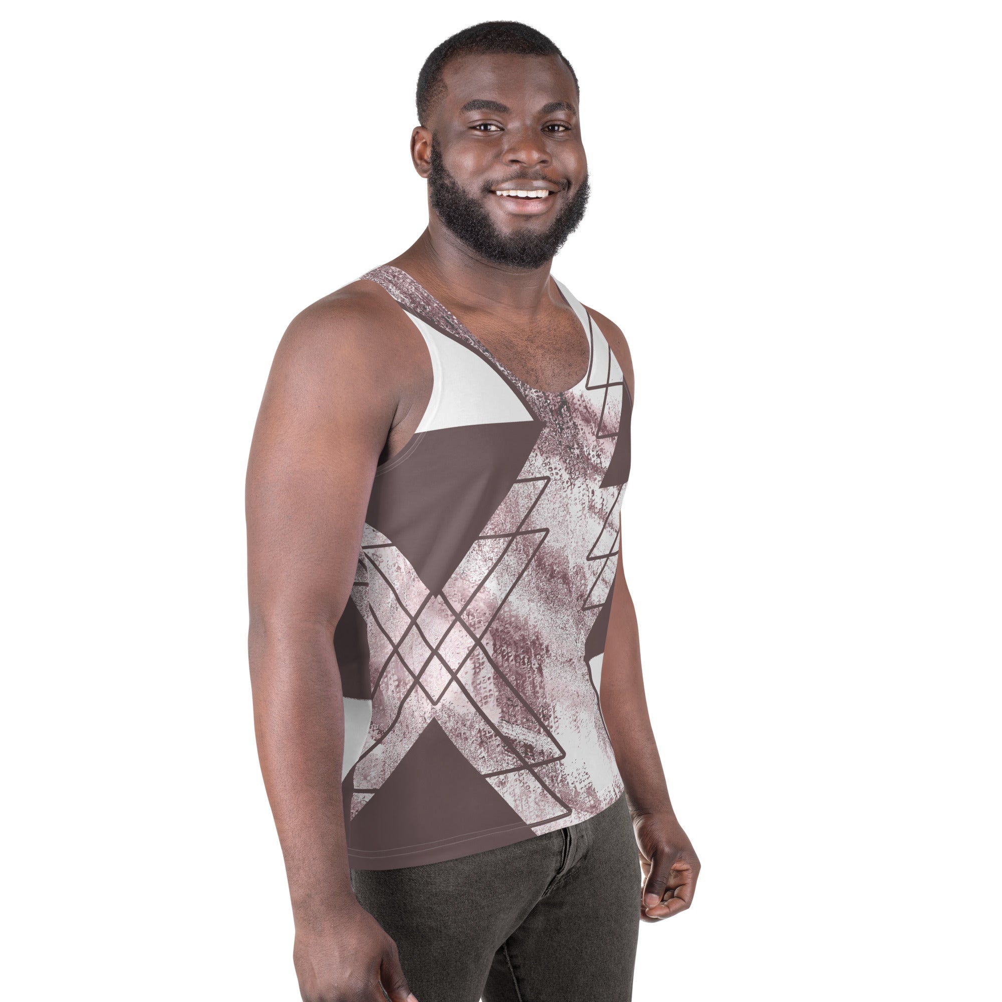 Mens Stretch Fit Tank Top in Mauve Rose and White Triangular Colorblock, showcasing a stylish sleeveless design and comfortable fit.