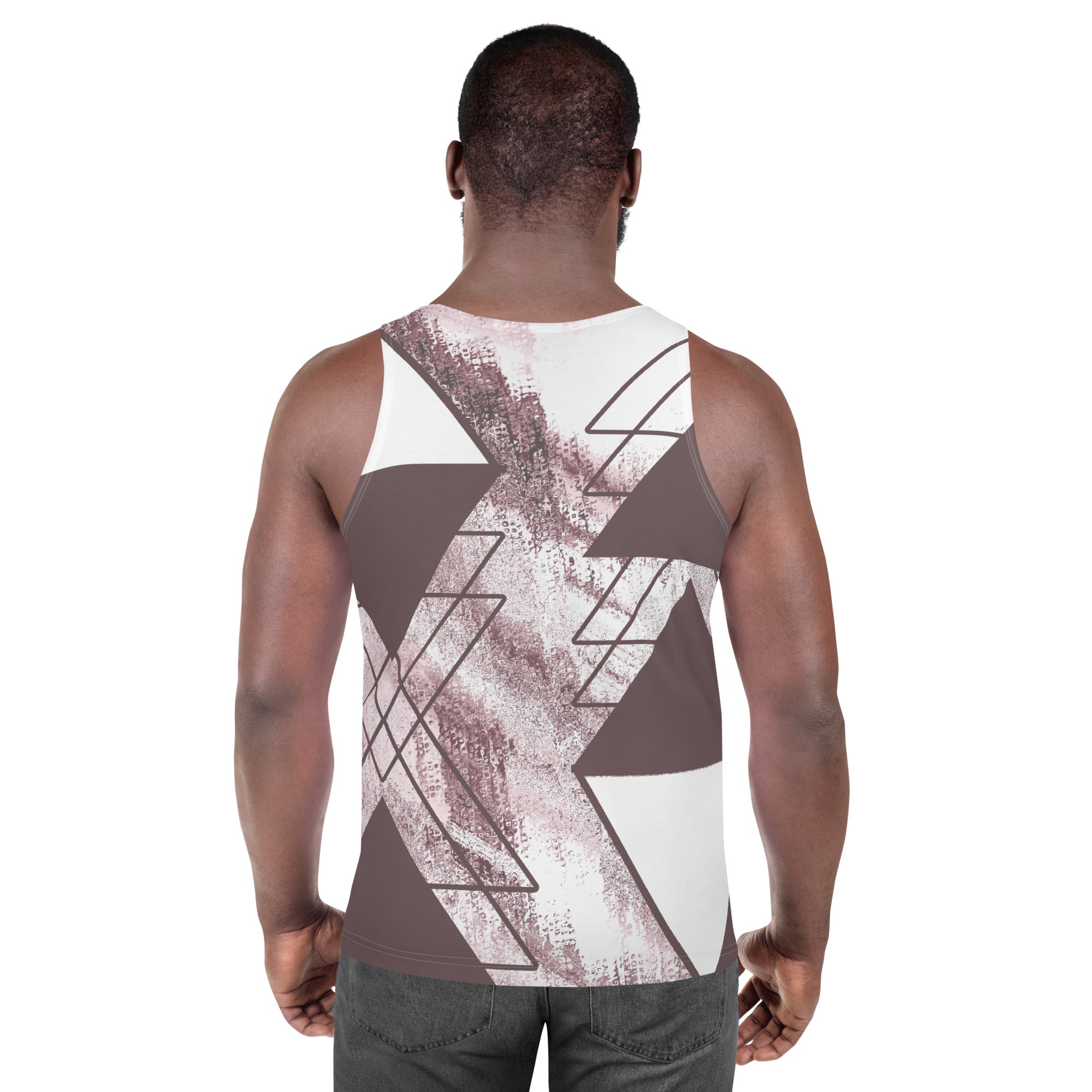Mens Stretch Fit Tank Top in Mauve Rose and White Triangular Colorblock, showcasing a stylish sleeveless design and comfortable fit.