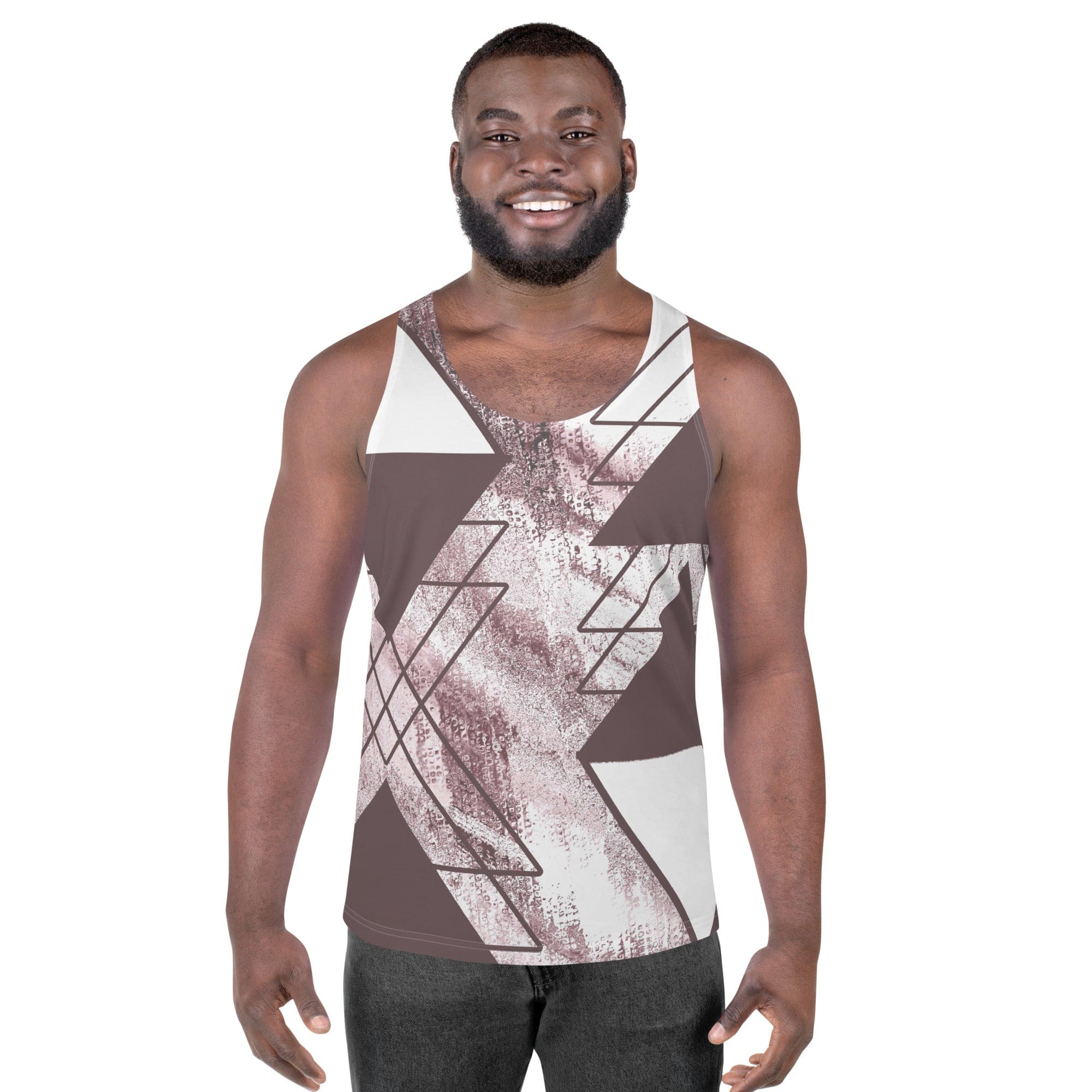 Mens Stretch Fit Tank Top in Mauve Rose and White Triangular Colorblock, showcasing a stylish sleeveless design and comfortable fit.