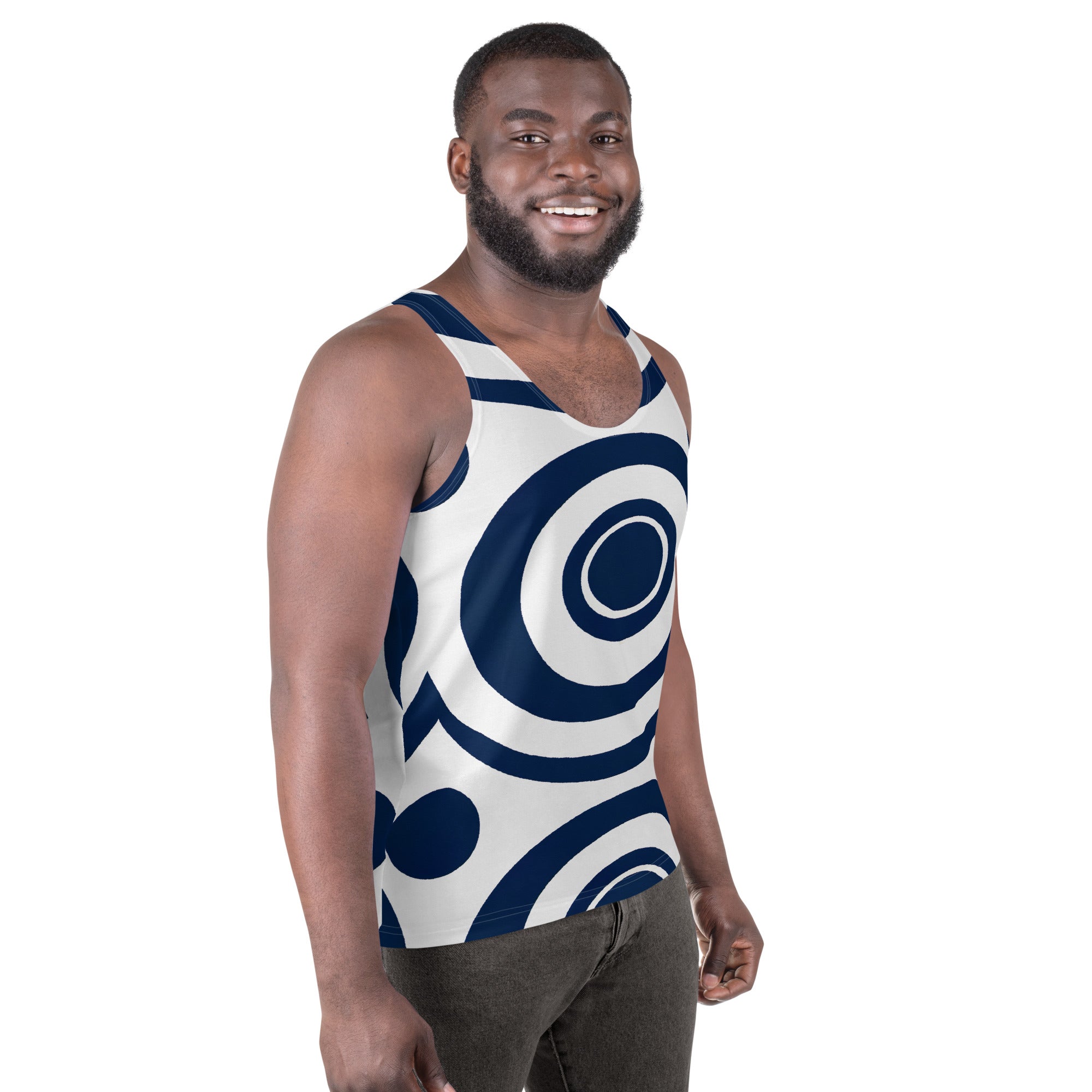 Men's Stretch Fit Tank Top in Navy Blue with White Circular Pattern, showcasing a sleeveless design and classic crew neckline.