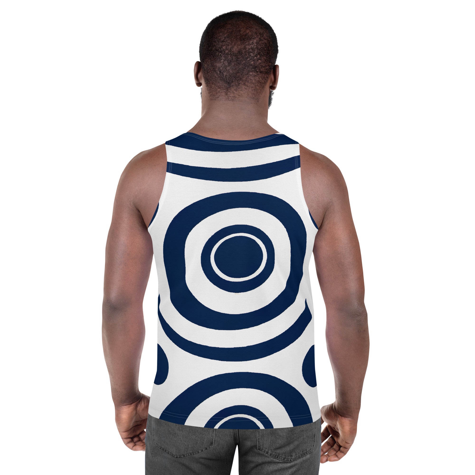 Men's Stretch Fit Tank Top in Navy Blue with White Circular Pattern, showcasing a sleeveless design and classic crew neckline.