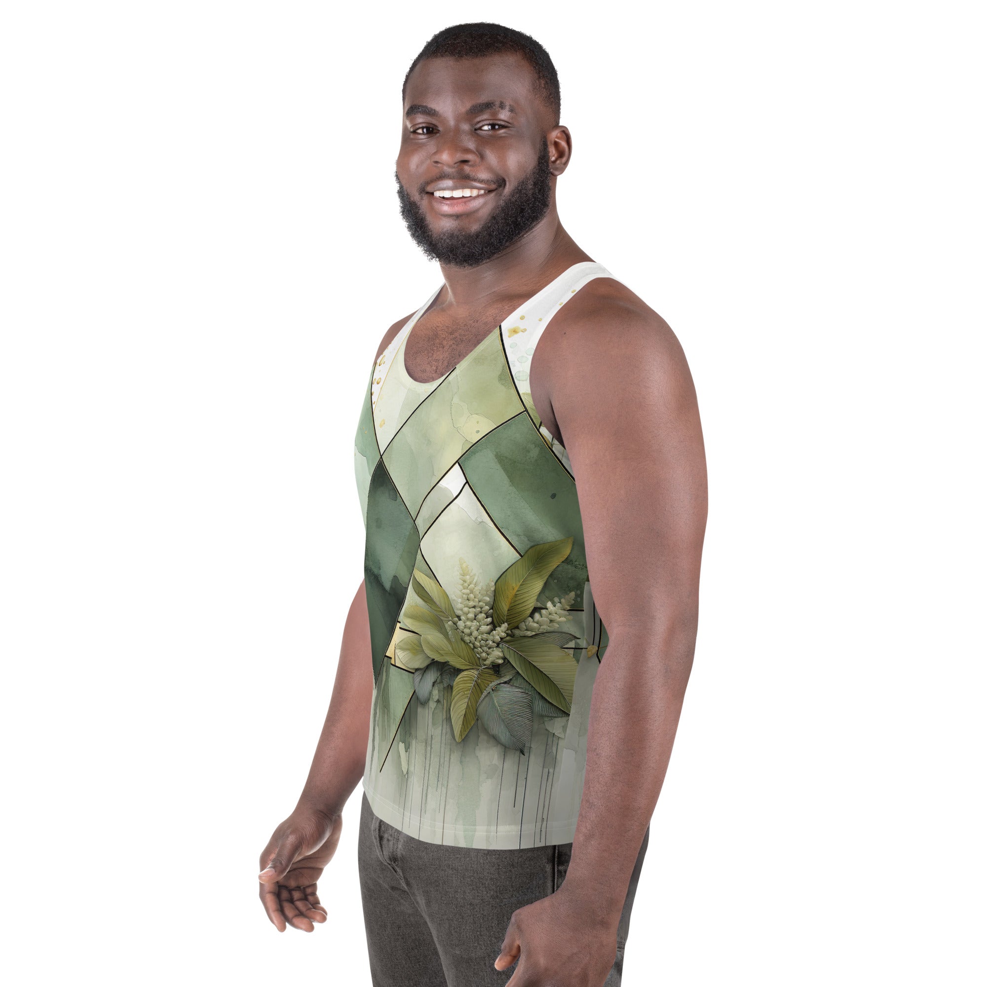 Mens Stretch Fit Tank Top in Olive Green Mint Leaf Geometric Print, showcasing a stylish sleeveless design and breathable fabric.