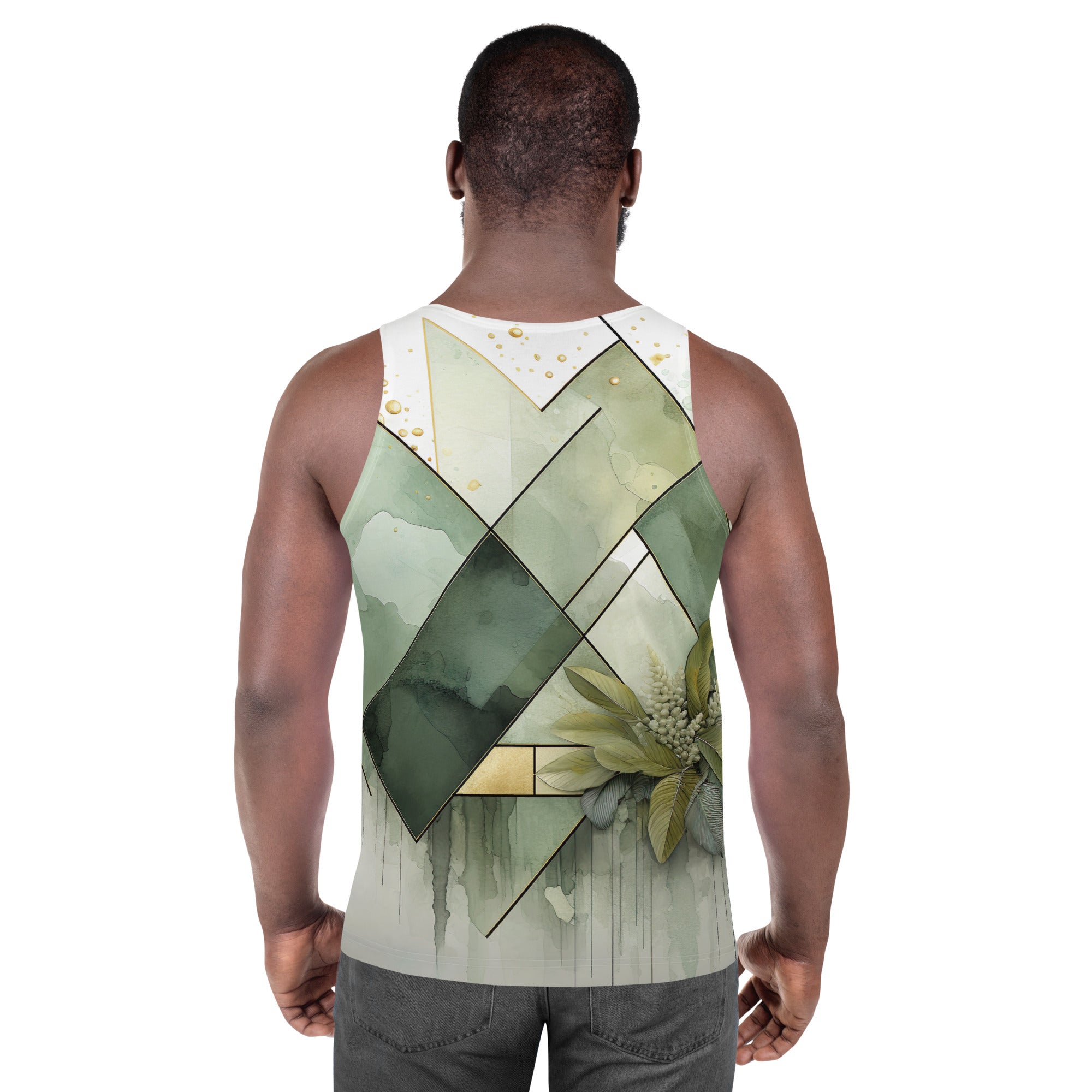 Mens Stretch Fit Tank Top in Olive Green Mint Leaf Geometric Print, showcasing a stylish sleeveless design and breathable fabric.