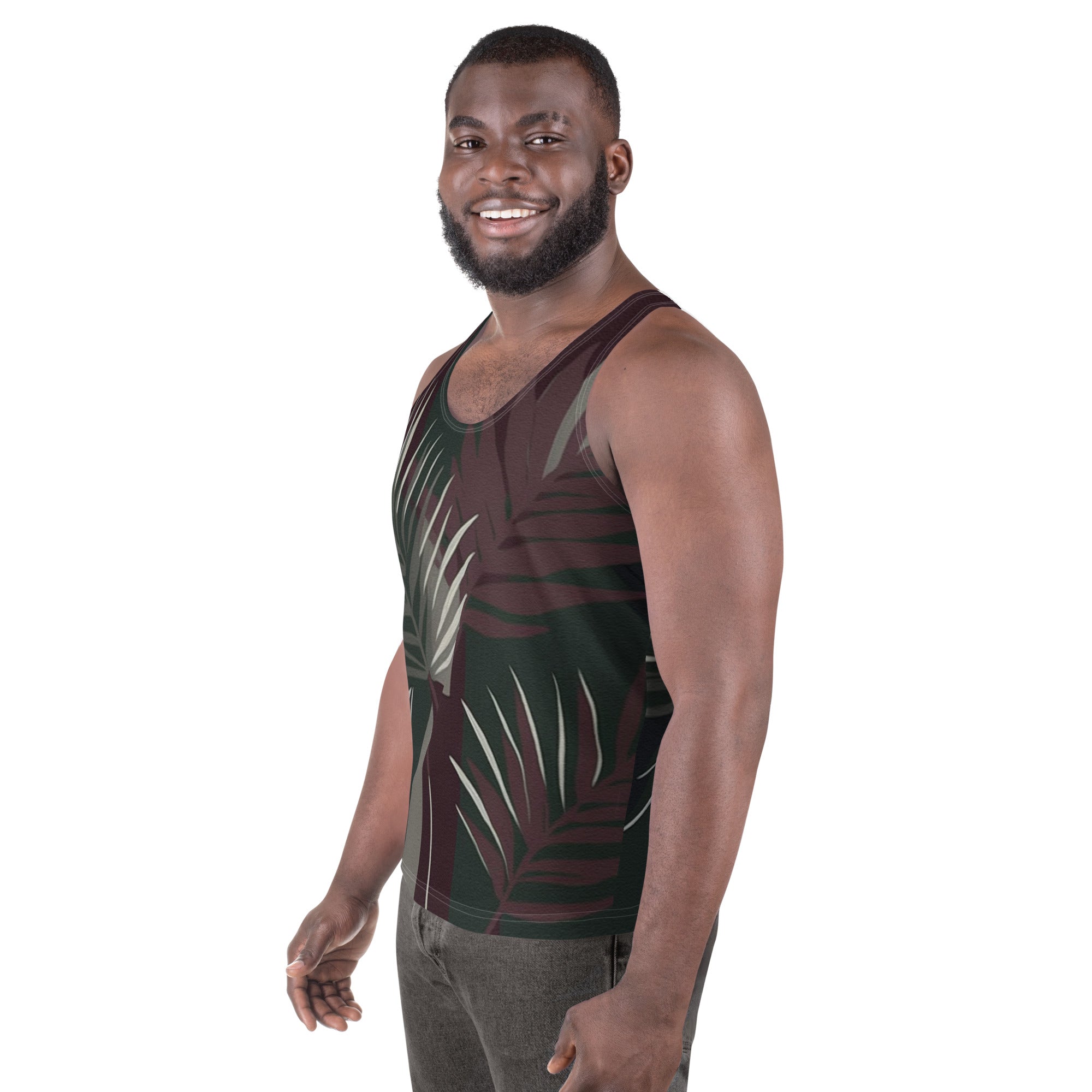 Men's Stretch Fit Tank Top featuring palm tree leaves design on a maroon green background, perfect for casual and active wear.
