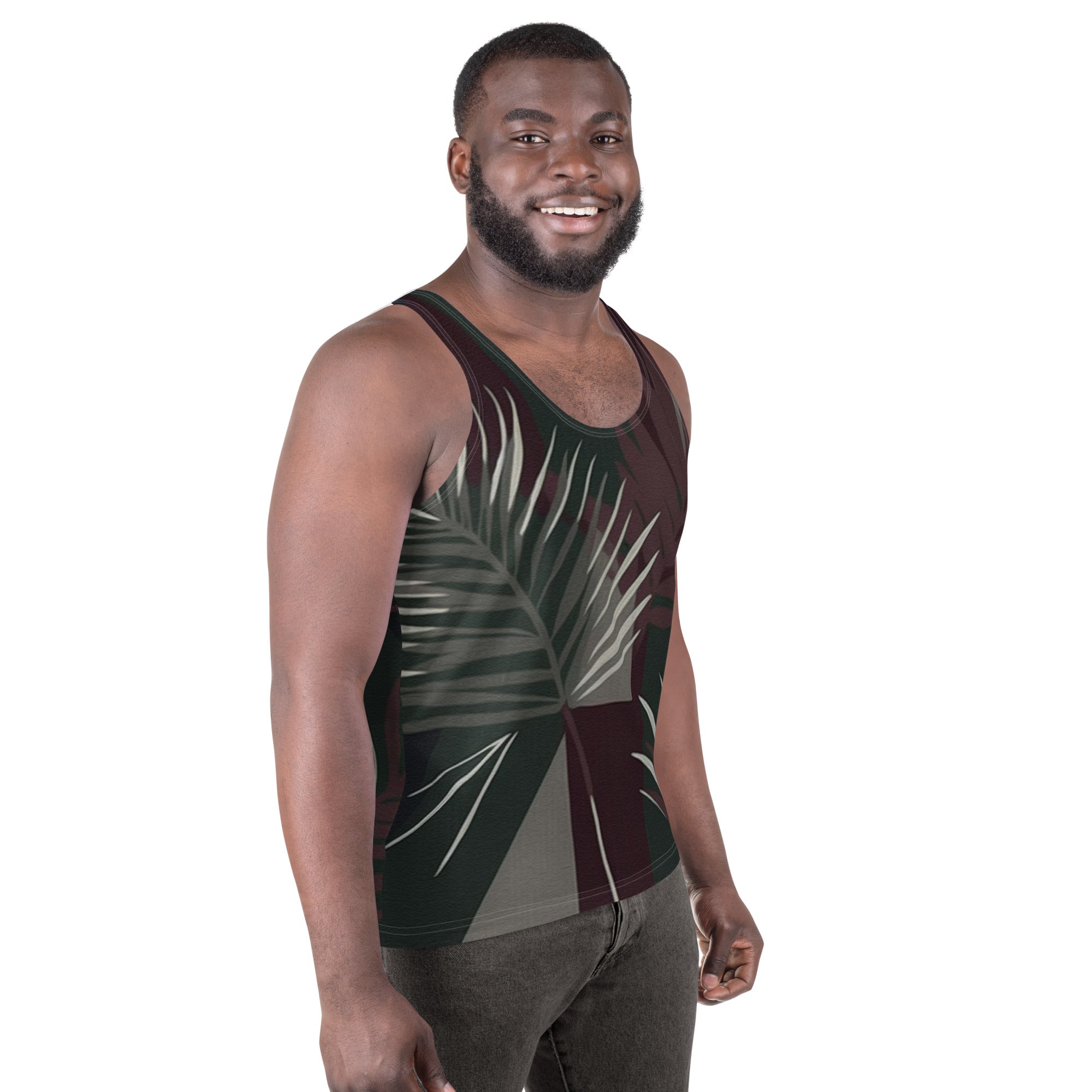 Men's Stretch Fit Tank Top featuring palm tree leaves design on a maroon green background, perfect for casual and active wear.