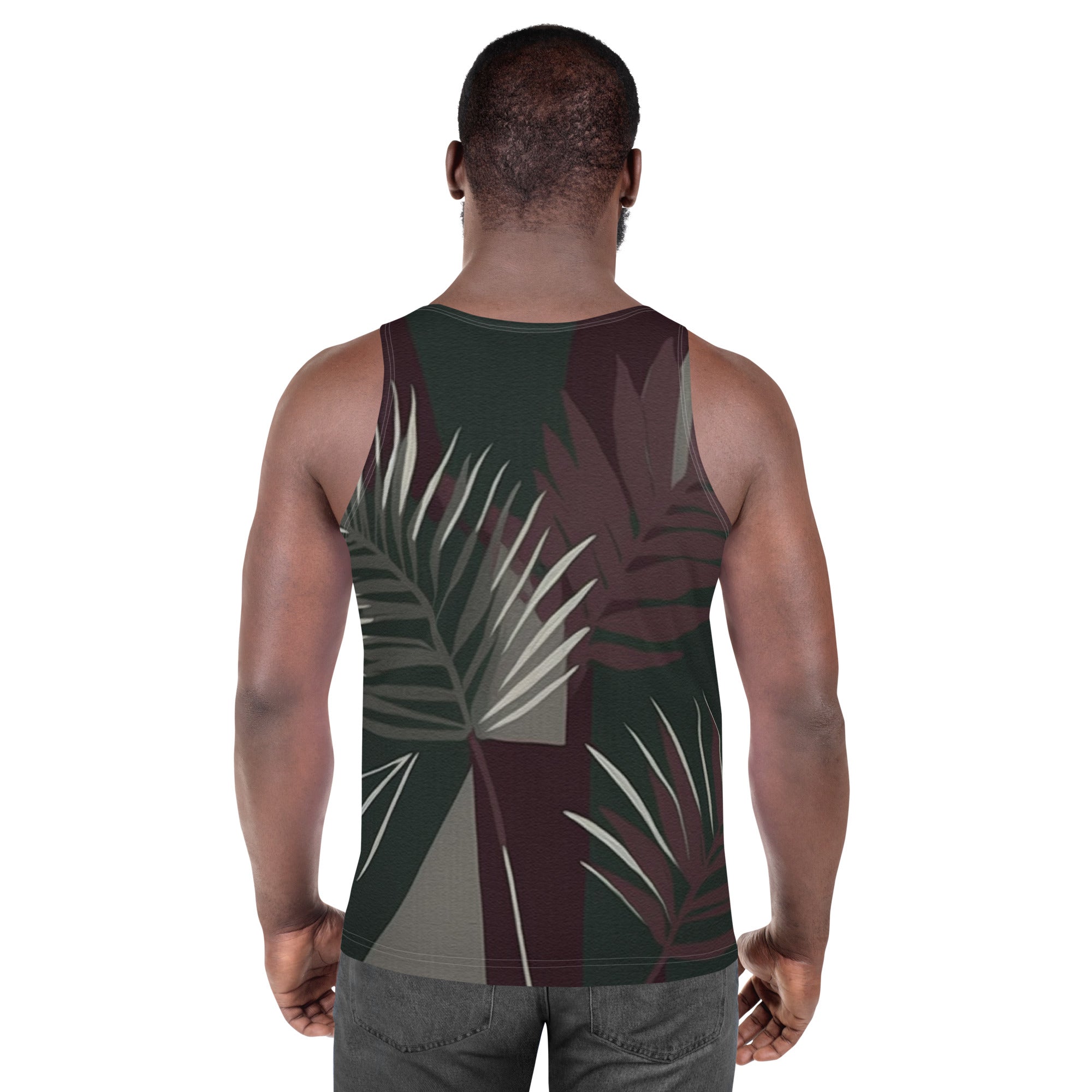 Men's Stretch Fit Tank Top featuring palm tree leaves design on a maroon green background, perfect for casual and active wear.
