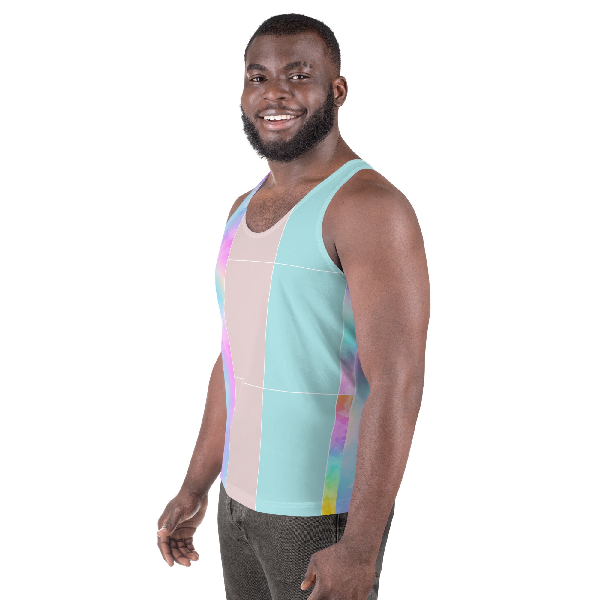 Men's Stretch Fit Tank Top featuring a pastel colorblock watercolor illustration, showcasing a stylish and comfortable design.