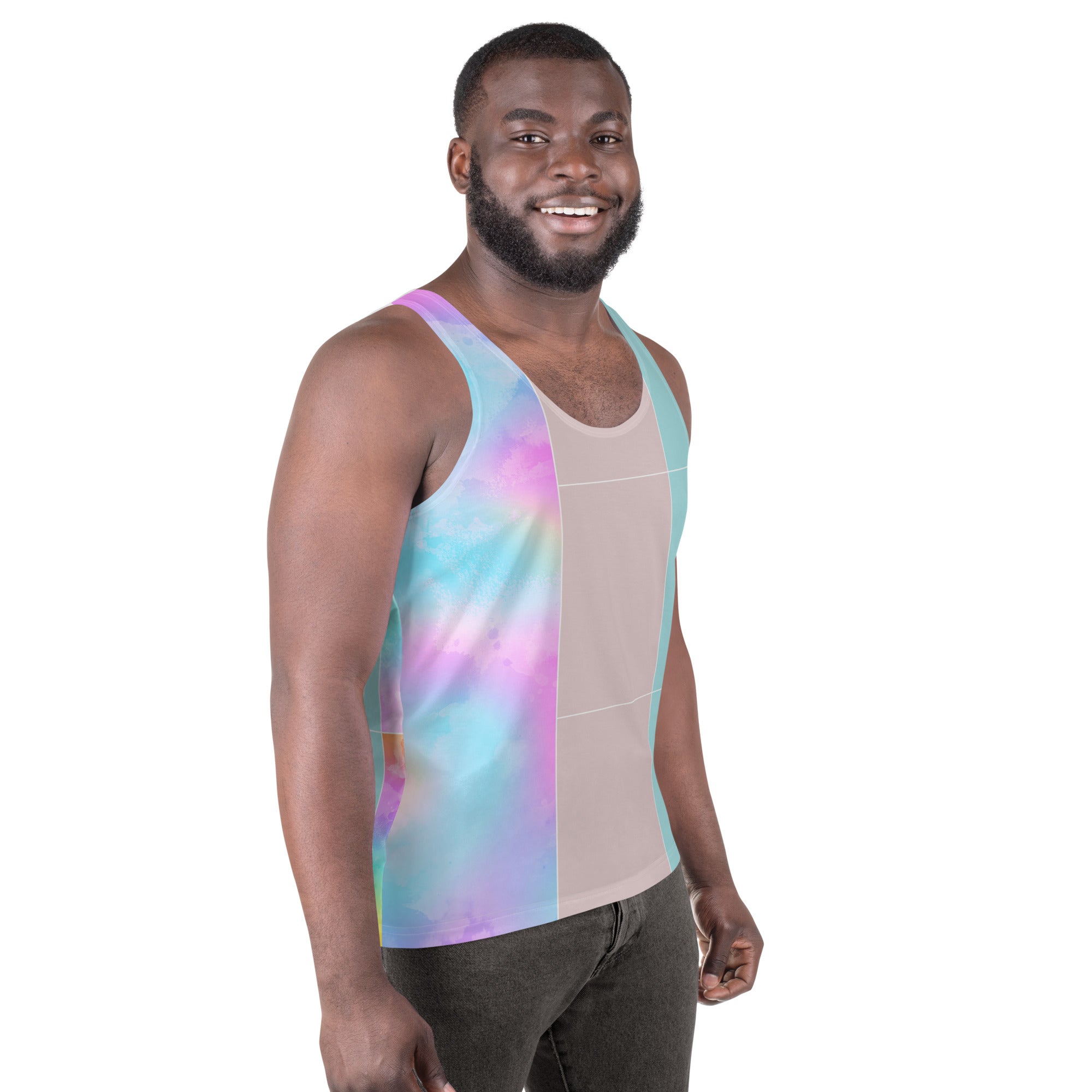 Men's Stretch Fit Tank Top featuring a pastel colorblock watercolor illustration, showcasing a stylish and comfortable design.