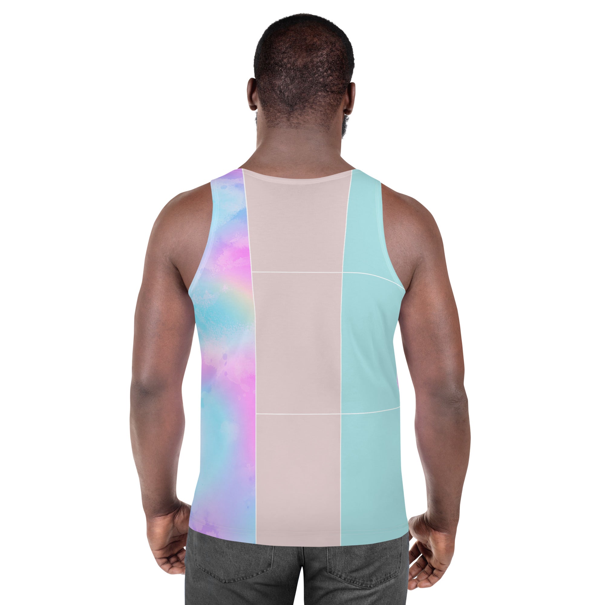 Men's Stretch Fit Tank Top featuring a pastel colorblock watercolor illustration, showcasing a stylish and comfortable design.